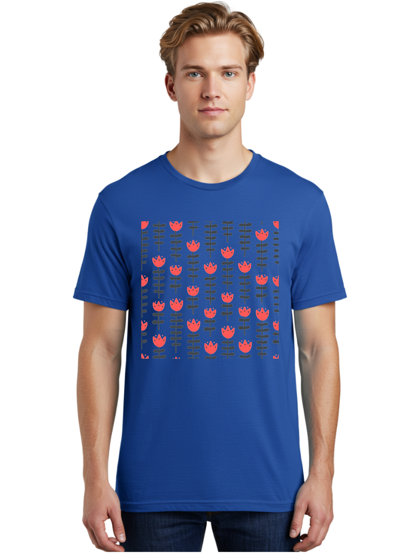 Tulips-Pattern Men'S Graphic Tee, 100% Cotton, Comfortable Casual Summer Wear, Machine Washable, Red Flowers, Green Stems, Floral Design, Repeating Pattern, Cartoon Style, Simple Shapes, Whimsical Art, Playful Graphics, Minimalist Decor Aab813