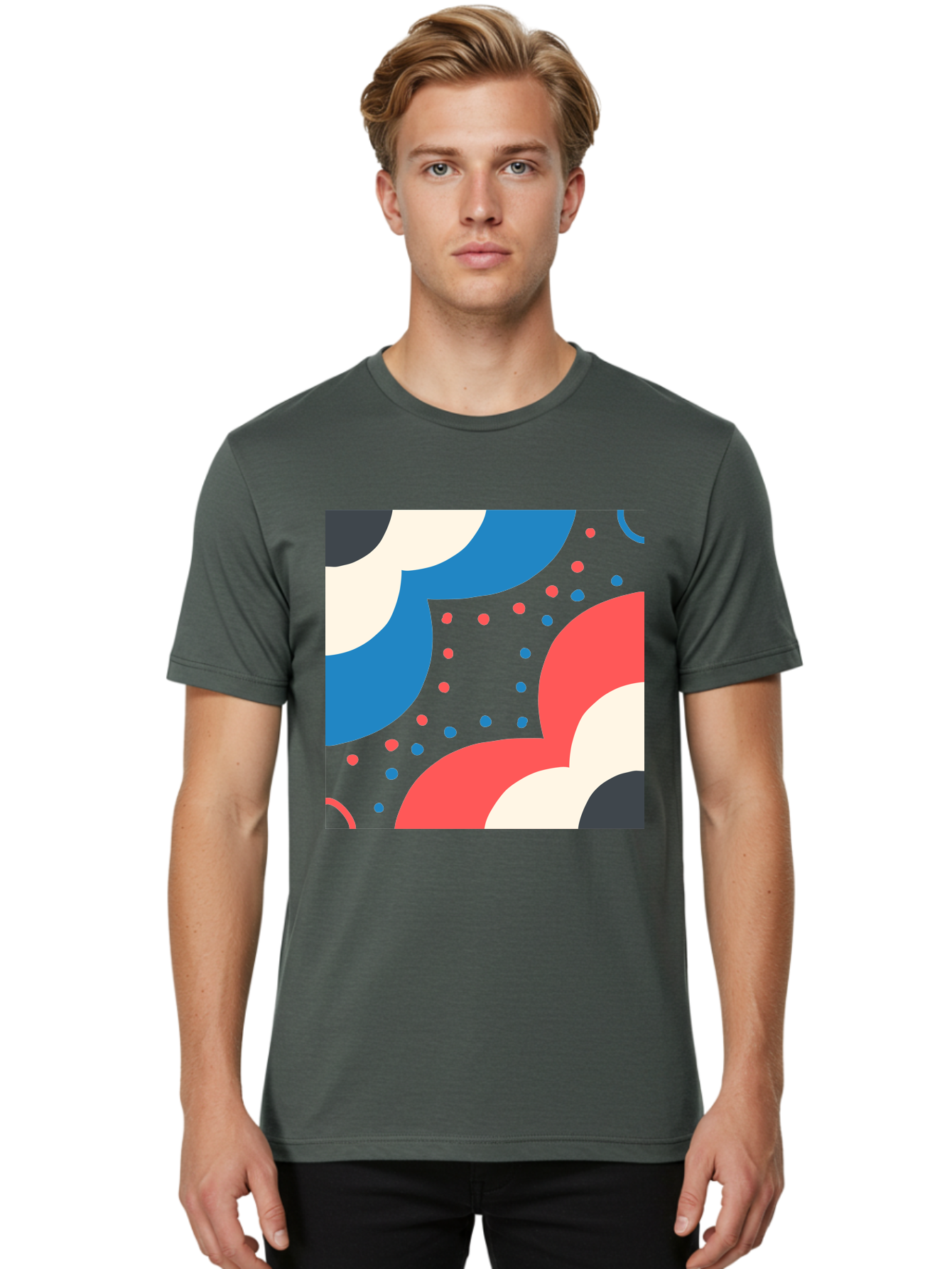 Vibrant-Dots-Pattern Men'S Graphic Tee, 100% Cotton, Comfortable Casual Summer Wear, Machine Washable, Colorful Abstract Pattern, Vibrant Shapes, Blue, Red, Pink, White, Black, Geometric Design, Playful Artwork, Modern Graphic, Trendy Colors, Aab815