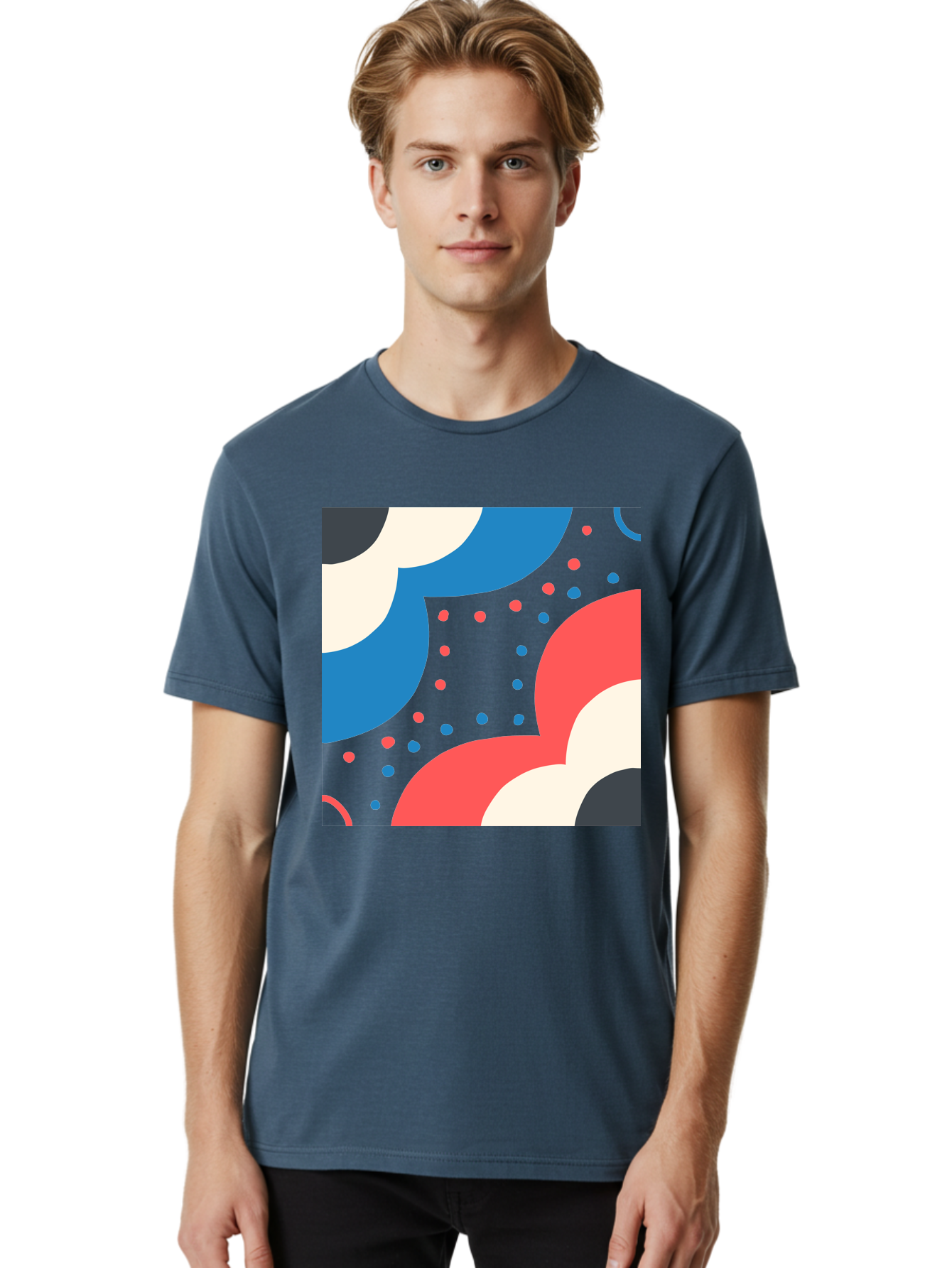 Vibrant-Dots-Pattern Men'S Graphic Tee, 100% Cotton, Comfortable Casual Summer Wear, Machine Washable, Colorful Abstract Pattern, Vibrant Shapes, Blue, Red, Pink, White, Black, Geometric Design, Playful Artwork, Modern Graphic, Trendy Colors, Aab815
