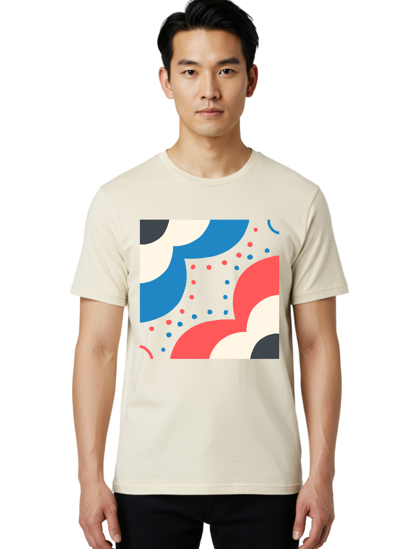 Vibrant-Dots-Pattern Men'S Graphic Tee, 100% Cotton, Comfortable Casual Summer Wear, Machine Washable, Colorful Abstract Pattern, Vibrant Shapes, Blue, Red, Pink, White, Black, Geometric Design, Playful Artwork, Modern Graphic, Trendy Colors, Aab815