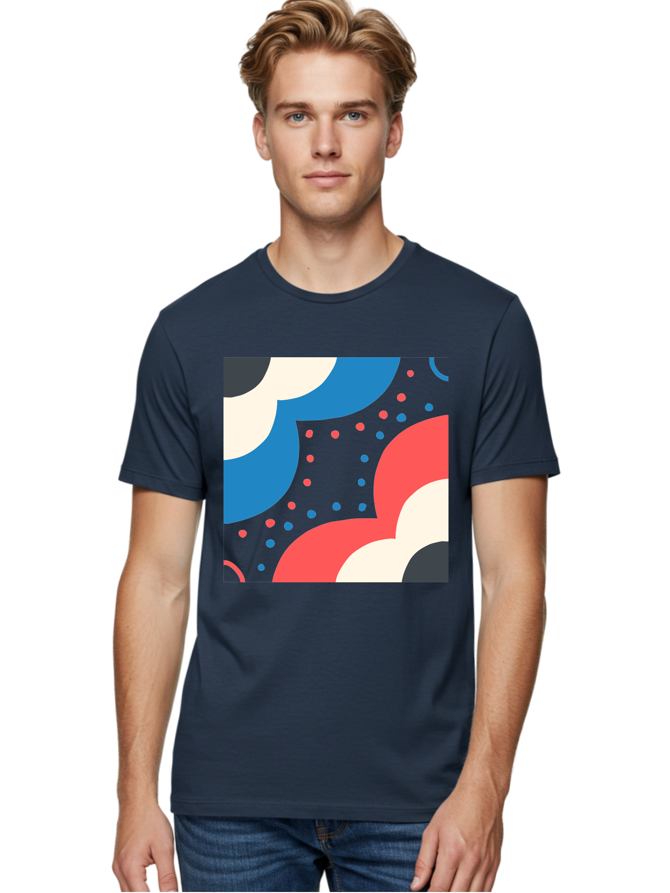 Vibrant-Dots-Pattern Men'S Graphic Tee, 100% Cotton, Comfortable Casual Summer Wear, Machine Washable, Colorful Abstract Pattern, Vibrant Shapes, Blue, Red, Pink, White, Black, Geometric Design, Playful Artwork, Modern Graphic, Trendy Colors, Aab815