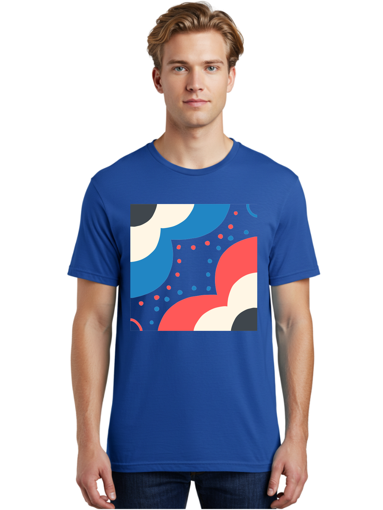 Vibrant-Dots-Pattern Men'S Graphic Tee, 100% Cotton, Comfortable Casual Summer Wear, Machine Washable, Colorful Abstract Pattern, Vibrant Shapes, Blue, Red, Pink, White, Black, Geometric Design, Playful Artwork, Modern Graphic, Trendy Colors, Aab815