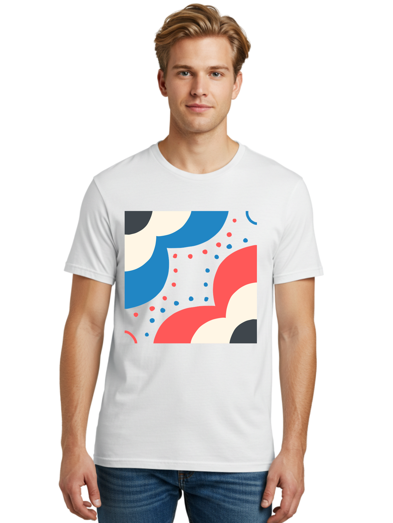 Vibrant-Dots-Pattern Men'S Graphic Tee, 100% Cotton, Comfortable Casual Summer Wear, Machine Washable, Colorful Abstract Pattern, Vibrant Shapes, Blue, Red, Pink, White, Black, Geometric Design, Playful Artwork, Modern Graphic, Trendy Colors, Aab815