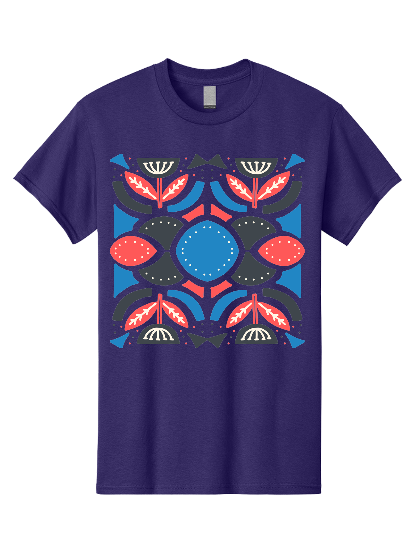 Vibrant-Floral-Pattern Men'S Graphic Tee, 100% Cotton, Comfortable Casual Summer Wear, Machine Washable, Floral Pattern, Geometric Shapes, Blue Center, Red And White Leaves, Black And Gray Accents, Symmetrical Design, Abstract Flowers, Aab816