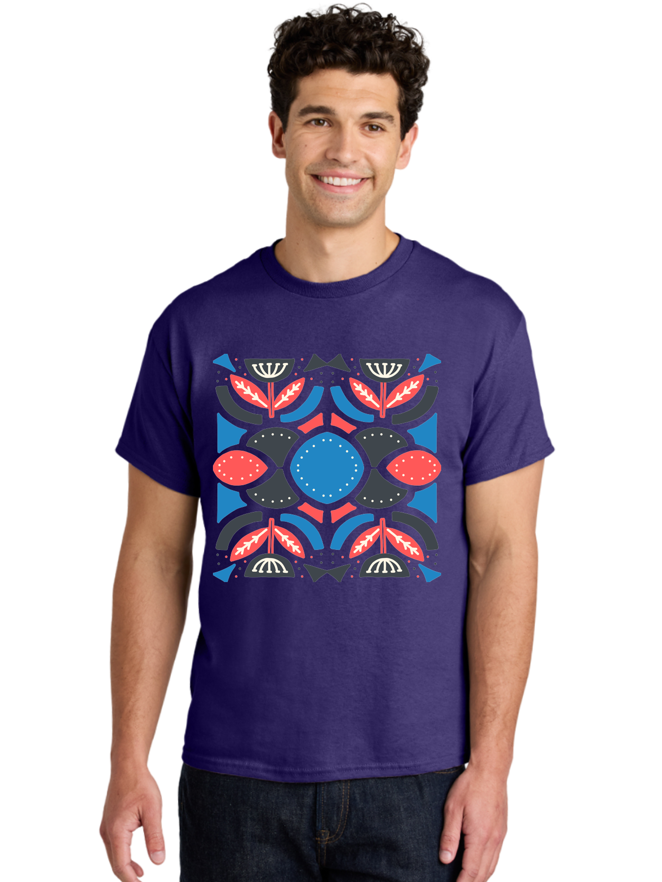 Vibrant-Floral-Pattern Men'S Graphic Tee, 100% Cotton, Comfortable Casual Summer Wear, Machine Washable, Floral Pattern, Geometric Shapes, Blue Center, Red And White Leaves, Black And Gray Accents, Symmetrical Design, Abstract Flowers, Aab816