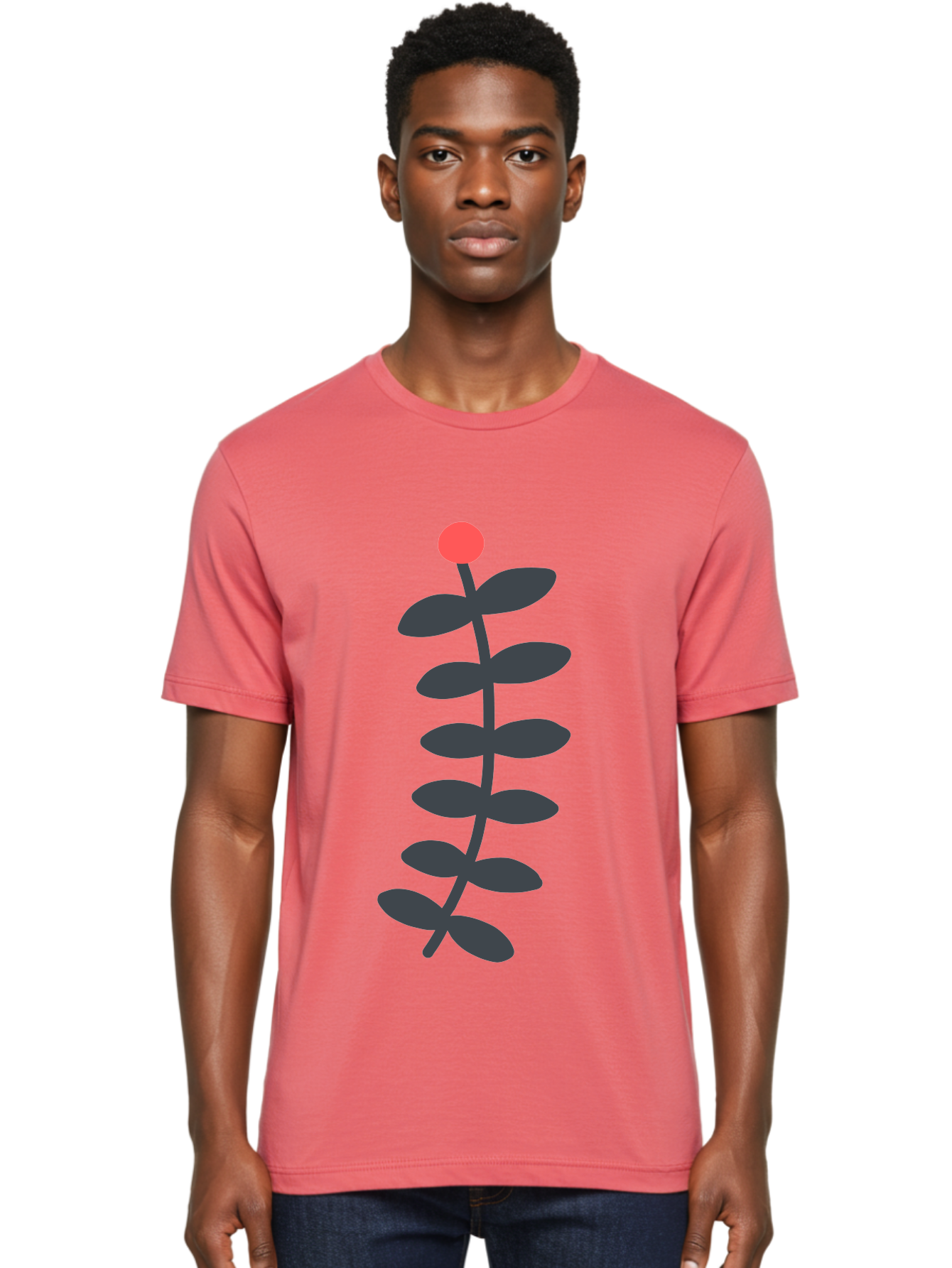 Zig-Zag-Plant Men'S Graphic Tee, 100% Cotton, Comfortable Casual Summer Wear, Machine Washable, Plant Stem, Dark Grey Leaves, Red Bud, Minimalist Design, Simple Shape, Botanical Illustration, Modern Art Aab819