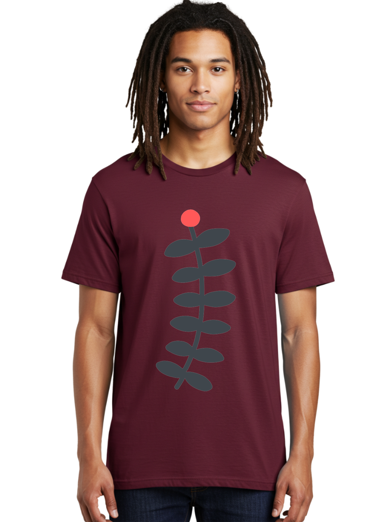 Zig-Zag-Plant Men'S Graphic Tee, 100% Cotton, Comfortable Casual Summer Wear, Machine Washable, Plant Stem, Dark Grey Leaves, Red Bud, Minimalist Design, Simple Shape, Botanical Illustration, Modern Art Aab819
