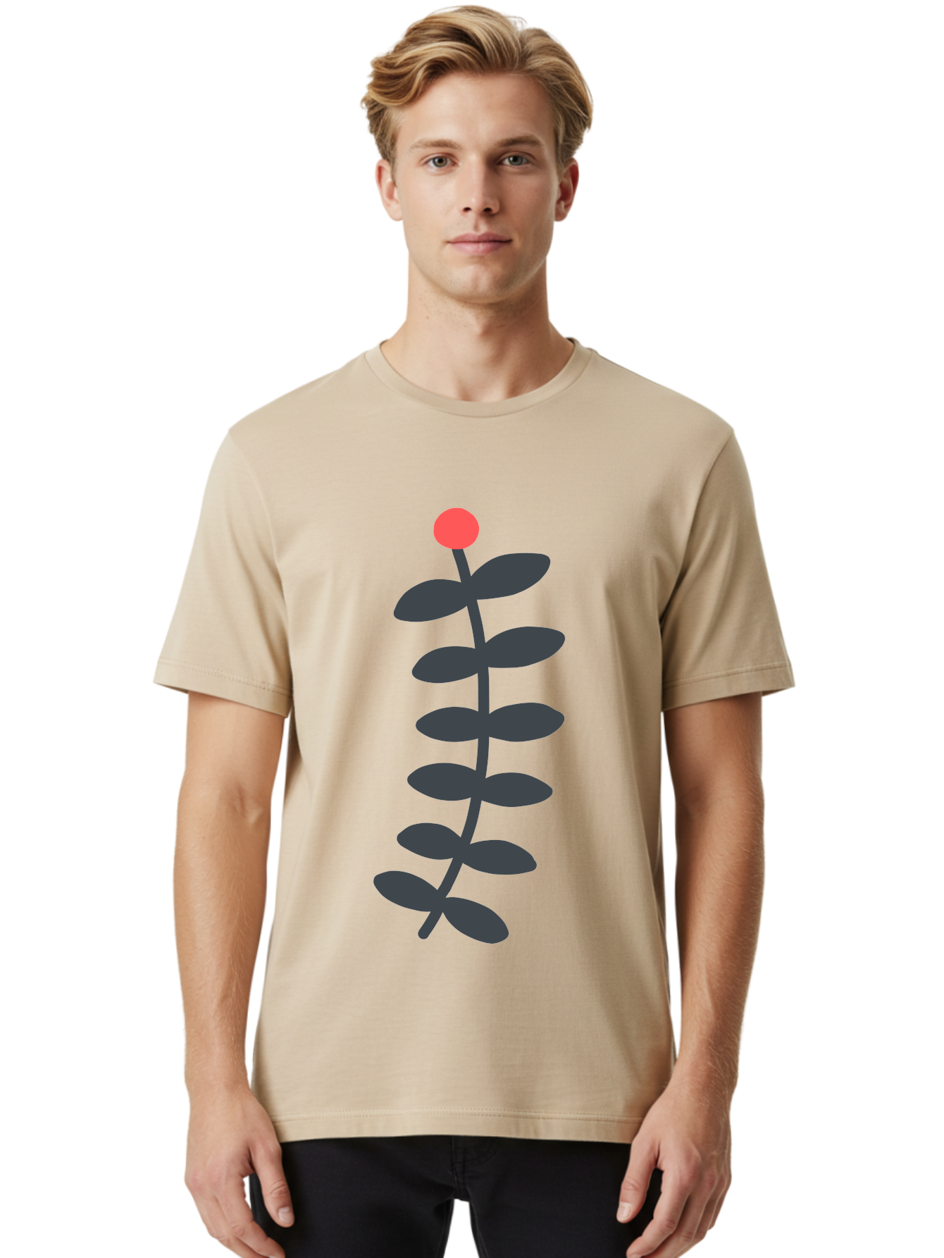 Zig-Zag-Plant Men'S Graphic Tee, 100% Cotton, Comfortable Casual Summer Wear, Machine Washable, Plant Stem, Dark Grey Leaves, Red Bud, Minimalist Design, Simple Shape, Botanical Illustration, Modern Art Aab819