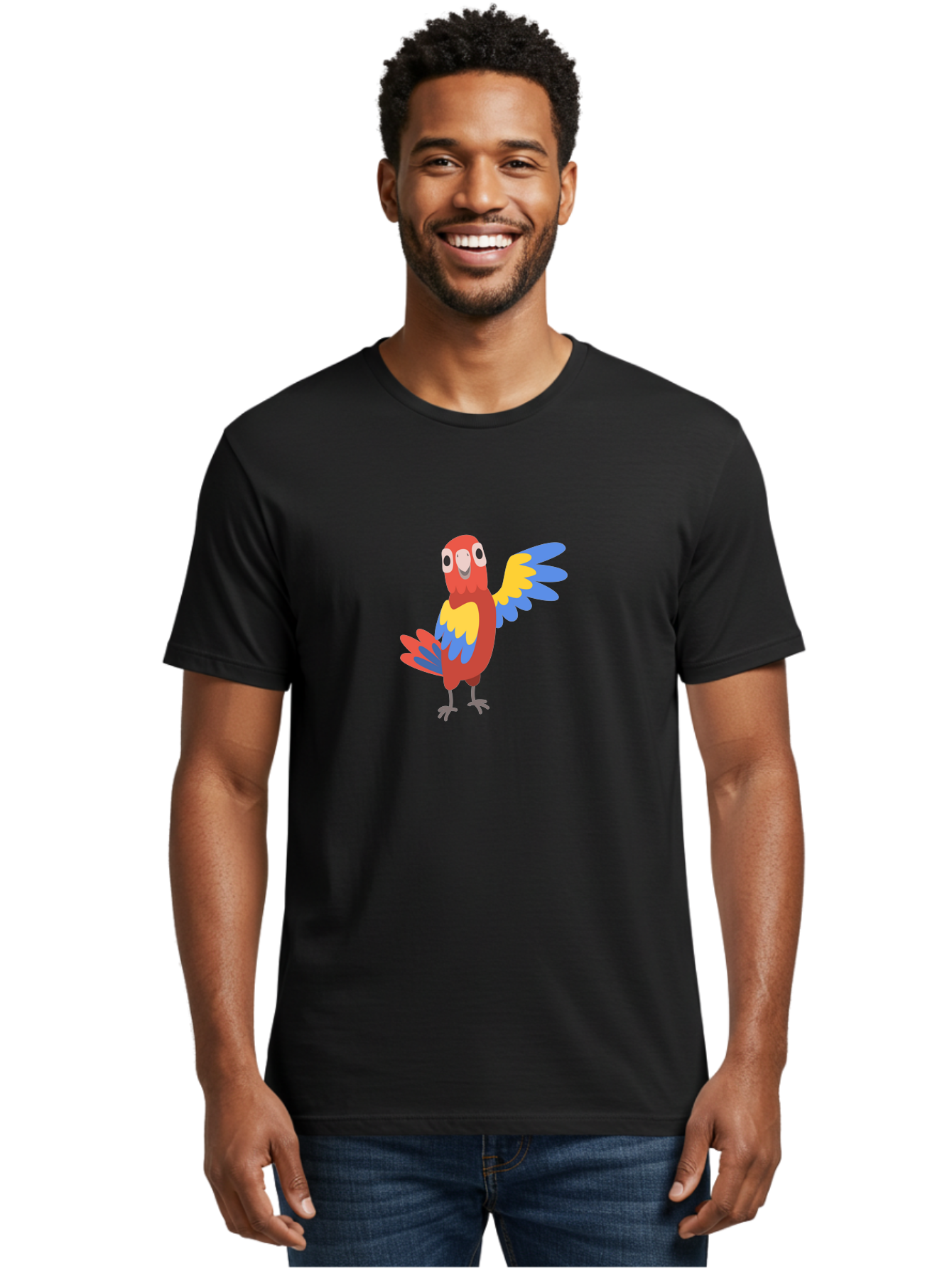 Colorful-Macaw Men'S Graphic Tee, 100% Cotton, Comfortable Casual Summer Wear, Machine Washable, Cartoon Parrot, Colorful Bird, Red, Yellow, Blue Feathers, Vibrant Plumage, Playful Design, Simple Illustration, Cartoon Character Aab823