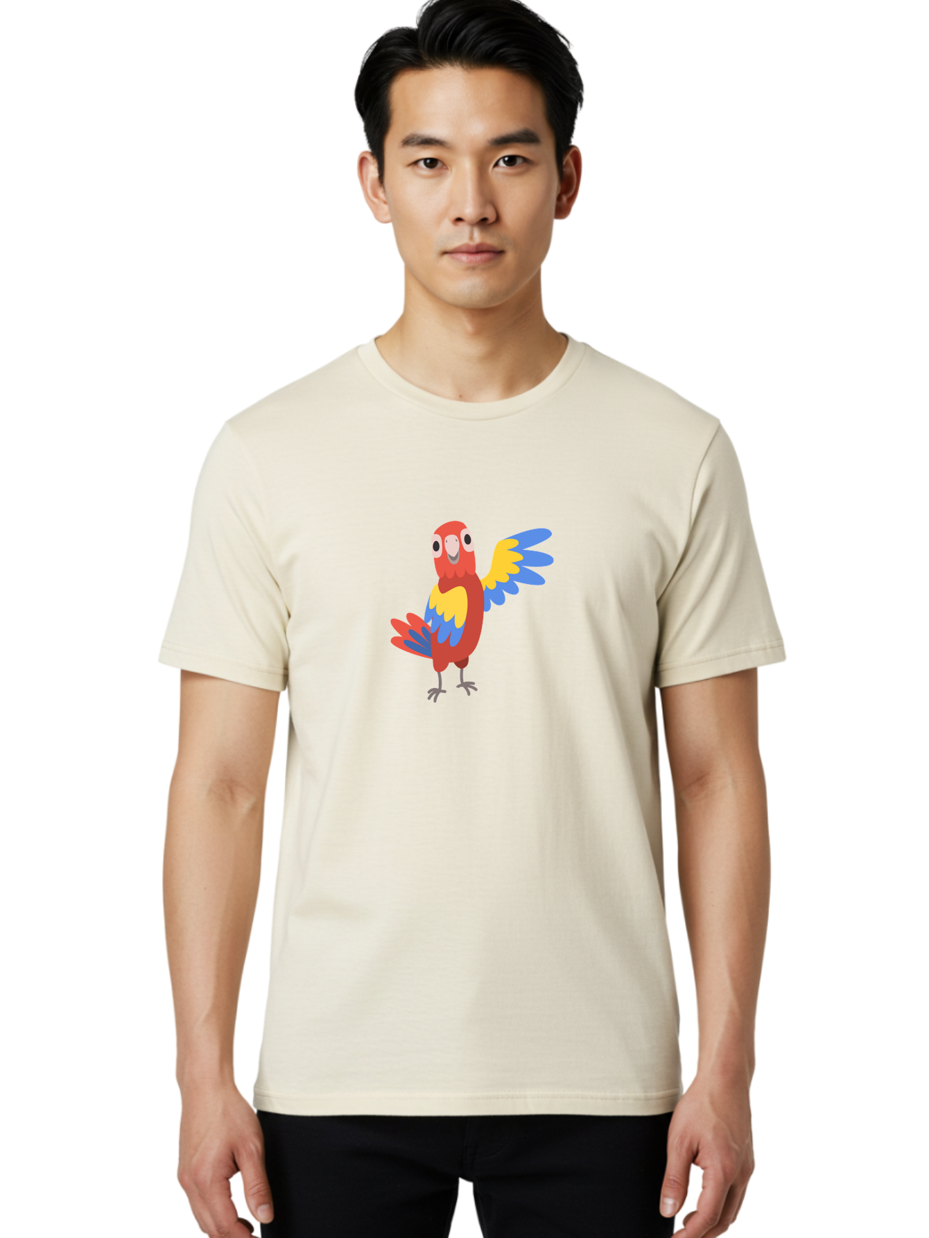 Colorful-Macaw Men'S Graphic Tee, 100% Cotton, Comfortable Casual Summer Wear, Machine Washable, Cartoon Parrot, Colorful Bird, Red, Yellow, Blue Feathers, Vibrant Plumage, Playful Design, Simple Illustration, Cartoon Character Aab823