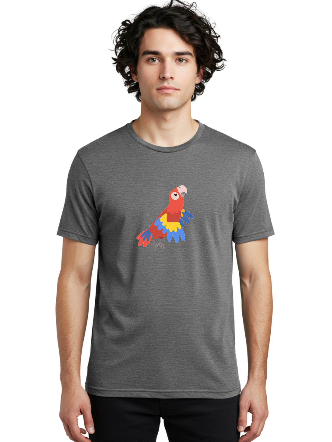 Colorful-Parrot-1 Men'S Graphic Tee, 100% Cotton, Comfortable Casual Summer Wear, Machine Washable, Colorful Parrot, Macaw Bird, Vibrant Plumage, Red, Blue, And Yellow Feathers, Tropical Bird, Cartoon Illustration, Playful Design, Aab824