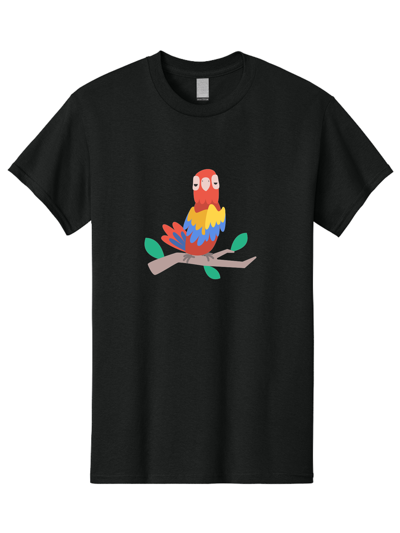Colorful-Parrot Men'S Graphic Tee, 100% Cotton, Comfortable Casual Summer Wear, Machine Washable, Cartoon Parrot, Vibrant Plumage, Red, Blue, Yellow Feathers, Sitting On Branch, Leaves, Tropical Bird, Playful Illustration, Digital Art, Aab825