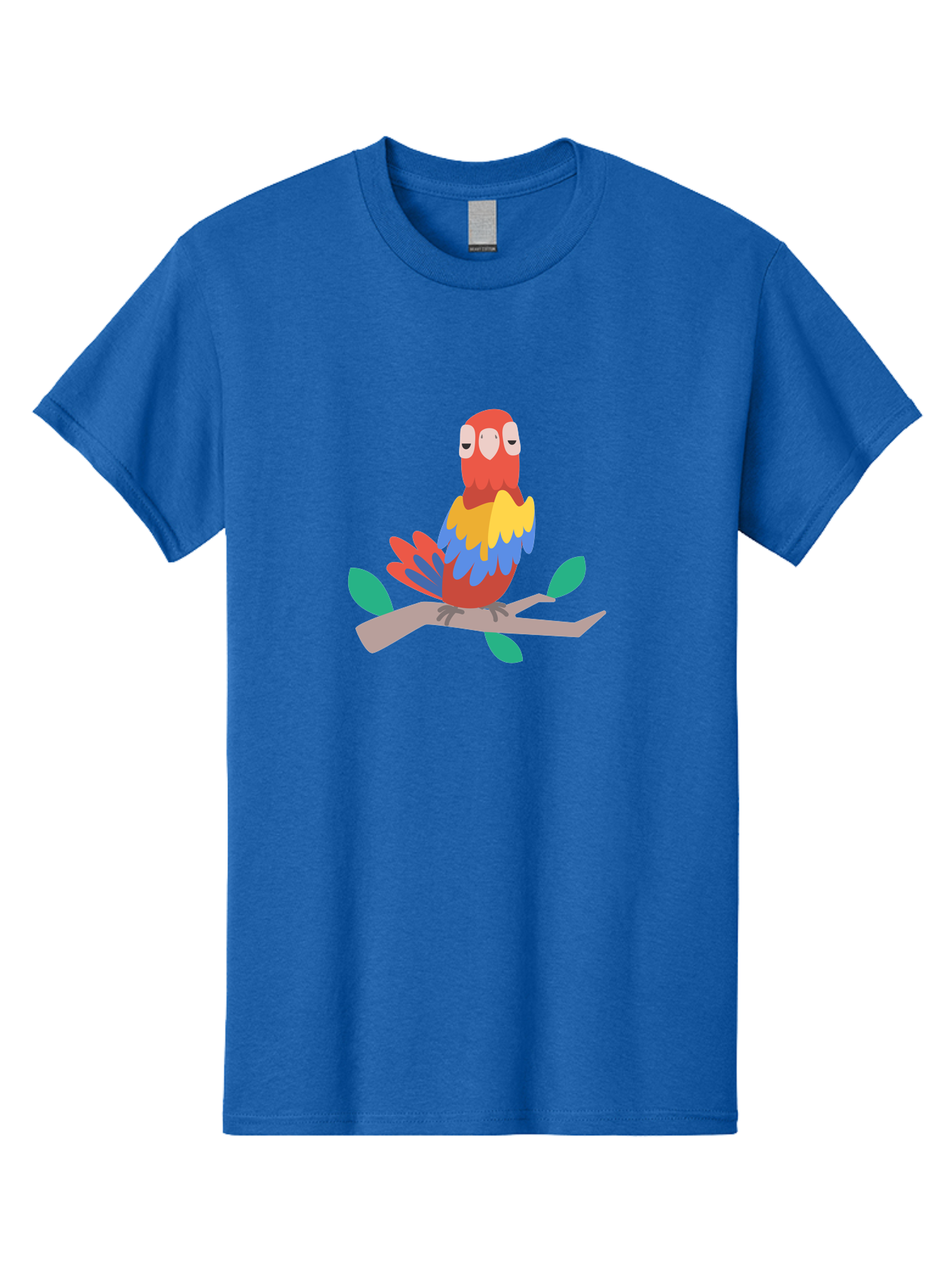 Colorful-Parrot Men'S Graphic Tee, 100% Cotton, Comfortable Casual Summer Wear, Machine Washable, Cartoon Parrot, Vibrant Plumage, Red, Blue, Yellow Feathers, Sitting On Branch, Leaves, Tropical Bird, Playful Illustration, Digital Art, Aab825