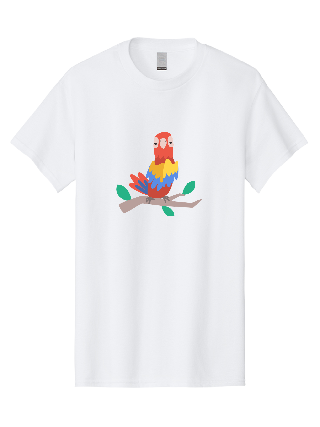 Colorful-Parrot Men'S Graphic Tee, 100% Cotton, Comfortable Casual Summer Wear, Machine Washable, Cartoon Parrot, Vibrant Plumage, Red, Blue, Yellow Feathers, Sitting On Branch, Leaves, Tropical Bird, Playful Illustration, Digital Art, Aab825