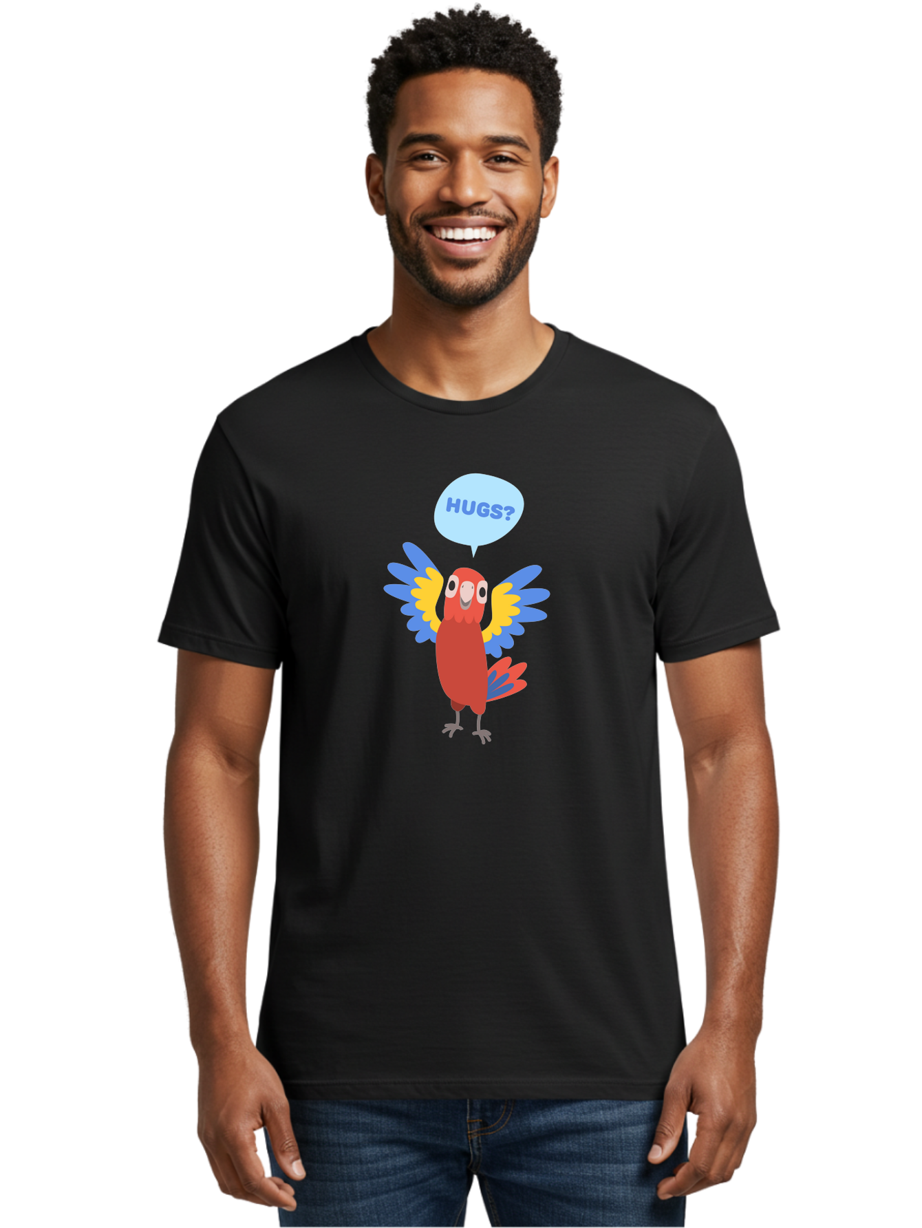 Hugs Men'S Graphic Tee, 100% Cotton, Comfortable Casual Summer Wear, Machine Washable, Cute Cartoon Parrot, Colorful Parrot, Bird Giving Hugs, Affectionate Animal, Adorable Creature, Vibrant Feathers, Friendly Parrot, Hugs, Aab832