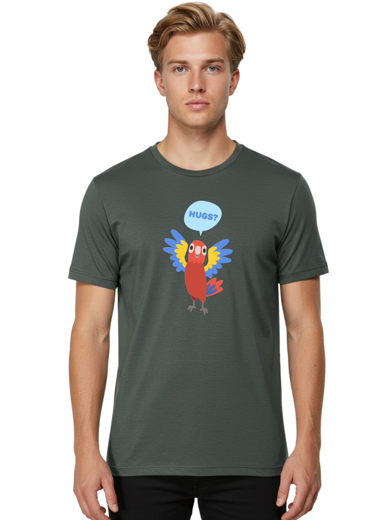 Hugs Men'S Graphic Tee, 100% Cotton, Comfortable Casual Summer Wear, Machine Washable, Cute Cartoon Parrot, Colorful Parrot, Bird Giving Hugs, Affectionate Animal, Adorable Creature, Vibrant Feathers, Friendly Parrot, Hugs, Aab832