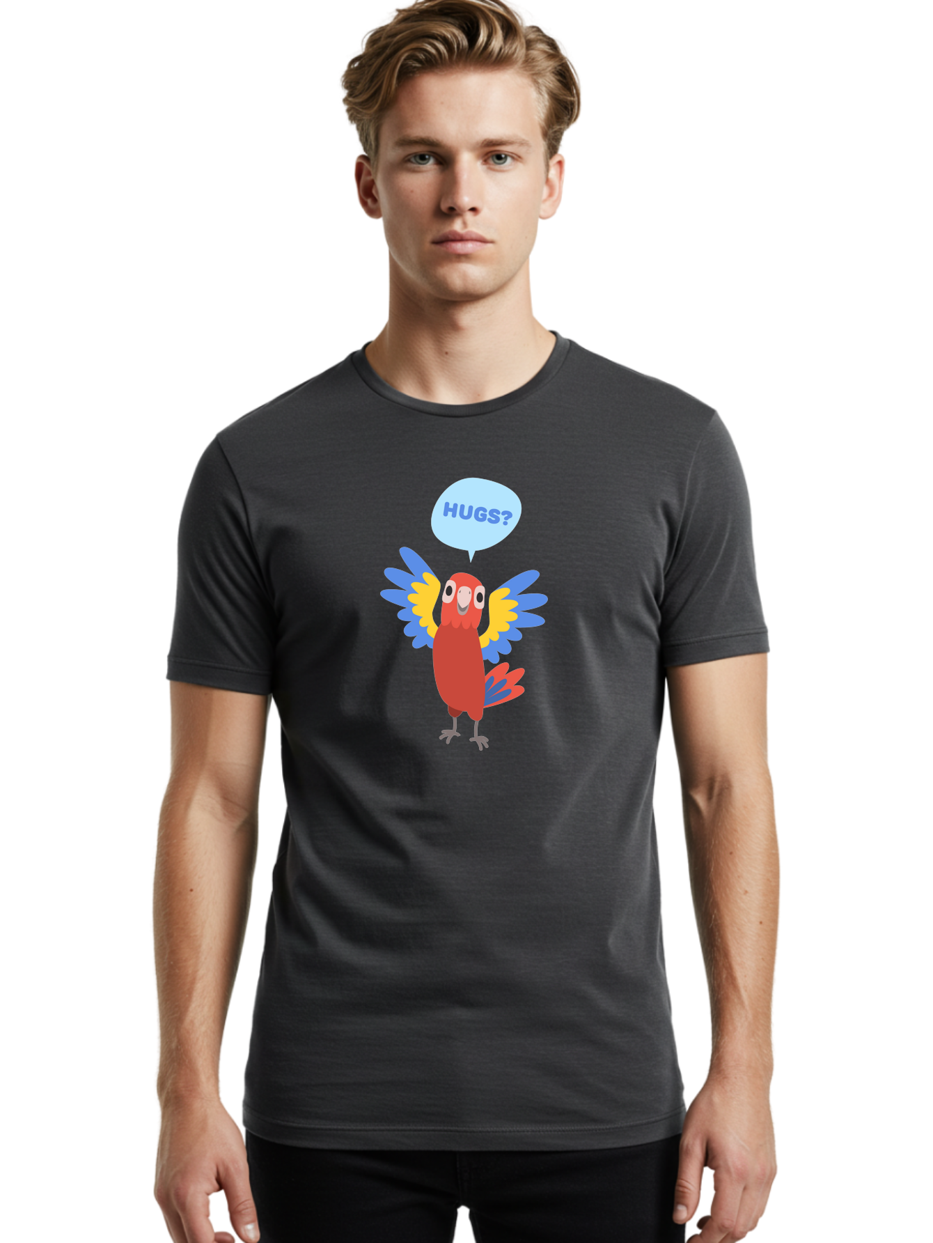 Hugs Men'S Graphic Tee, 100% Cotton, Comfortable Casual Summer Wear, Machine Washable, Cute Cartoon Parrot, Colorful Parrot, Bird Giving Hugs, Affectionate Animal, Adorable Creature, Vibrant Feathers, Friendly Parrot, Hugs, Aab832