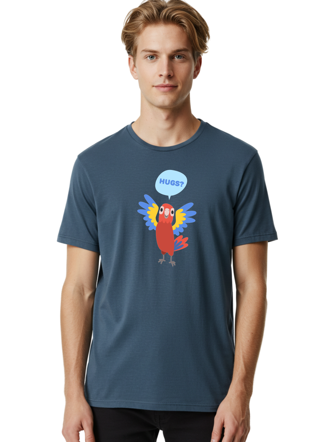 Hugs Men'S Graphic Tee, 100% Cotton, Comfortable Casual Summer Wear, Machine Washable, Cute Cartoon Parrot, Colorful Parrot, Bird Giving Hugs, Affectionate Animal, Adorable Creature, Vibrant Feathers, Friendly Parrot, Hugs, Aab832