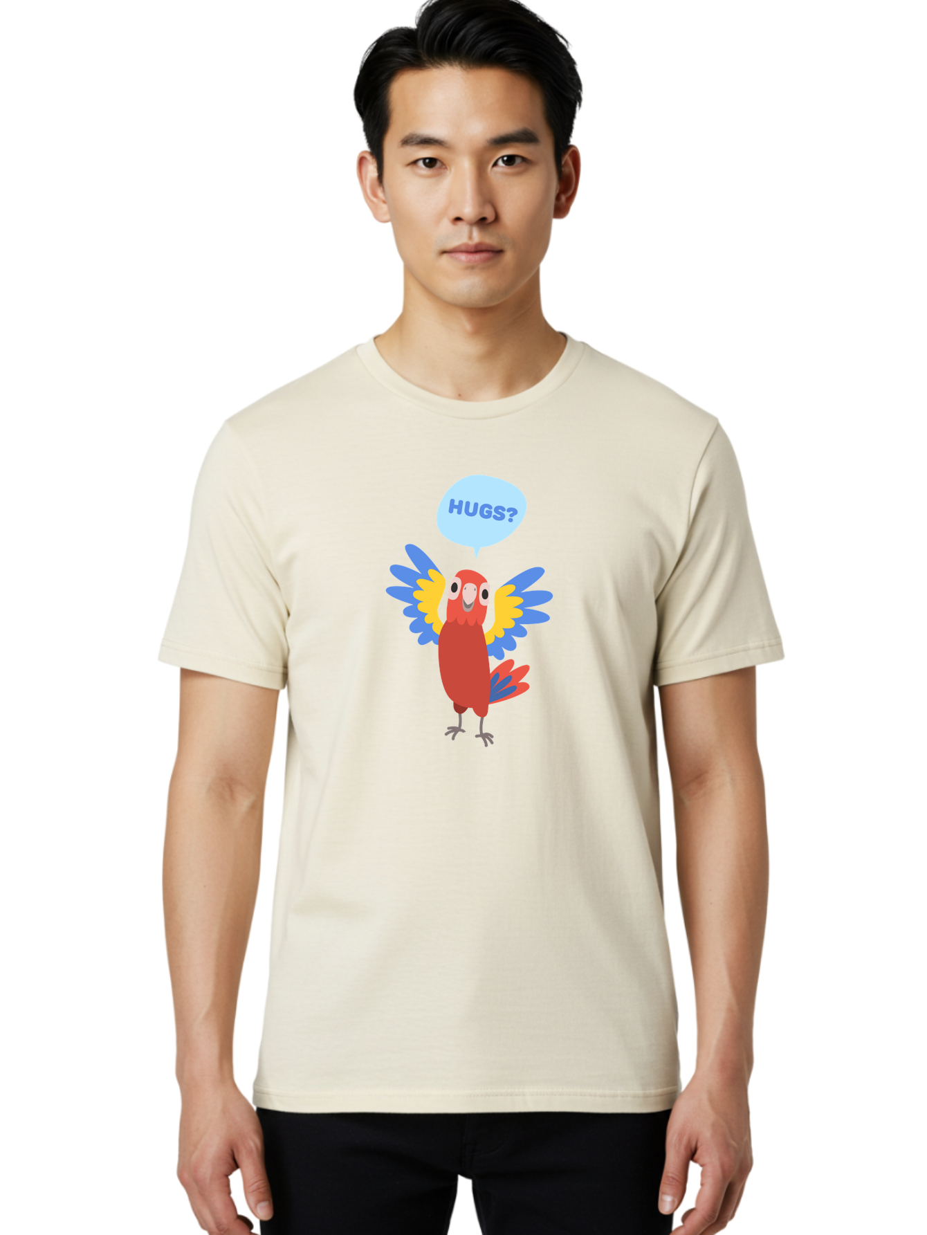 Hugs Men'S Graphic Tee, 100% Cotton, Comfortable Casual Summer Wear, Machine Washable, Cute Cartoon Parrot, Colorful Parrot, Bird Giving Hugs, Affectionate Animal, Adorable Creature, Vibrant Feathers, Friendly Parrot, Hugs, Aab832