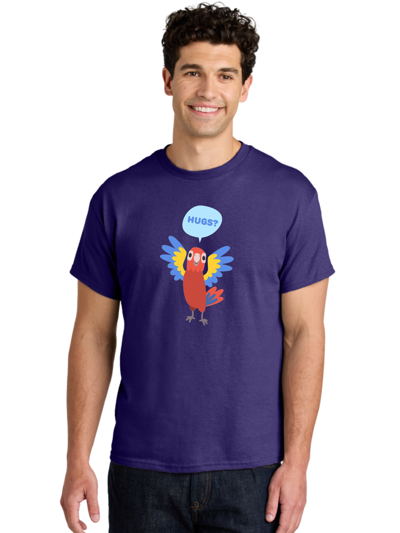Hugs Men'S Graphic Tee, 100% Cotton, Comfortable Casual Summer Wear, Machine Washable, Cute Cartoon Parrot, Colorful Parrot, Bird Giving Hugs, Affectionate Animal, Adorable Creature, Vibrant Feathers, Friendly Parrot, Hugs, Aab832