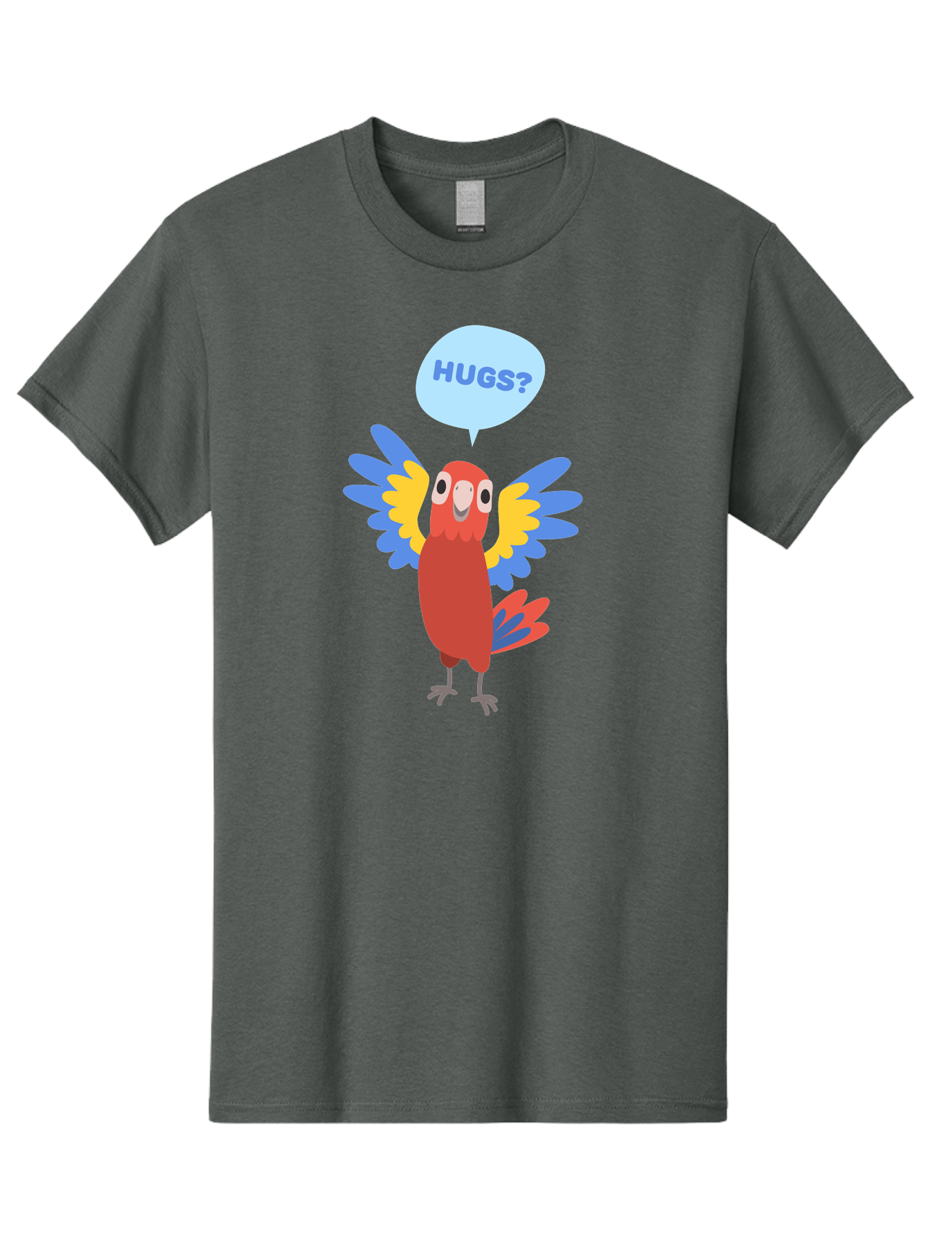 Hugs Men'S Graphic Tee, 100% Cotton, Comfortable Casual Summer Wear, Machine Washable, Cartoon Parrot, Colorful Bird, Hugs, Cute Animal, Funny Illustration, Red Parrot, Blue And Yellow Wings, Friendly Creature, Emotional Support, Aab833
