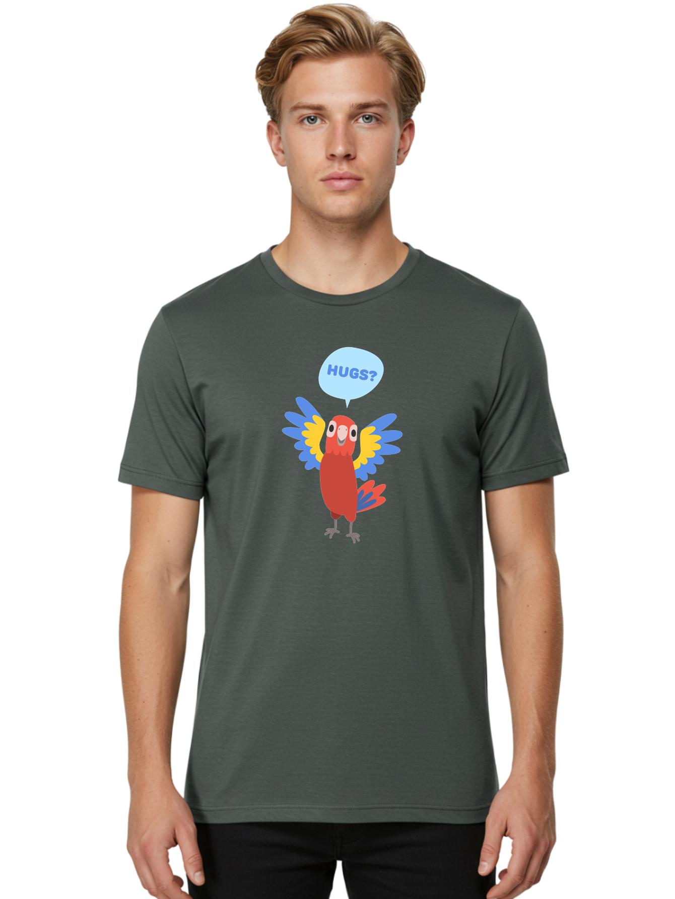Hugs Men'S Graphic Tee, 100% Cotton, Comfortable Casual Summer Wear, Machine Washable, Cartoon Parrot, Colorful Bird, Hugs, Cute Animal, Funny Illustration, Red Parrot, Blue And Yellow Wings, Friendly Creature, Emotional Support, Aab833