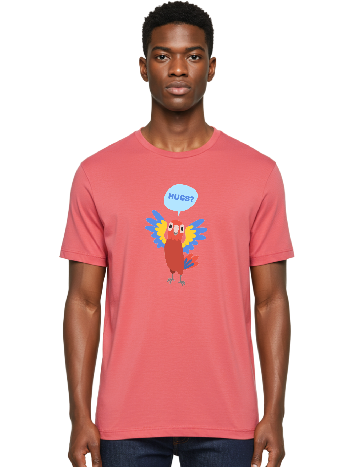 Hugs Men'S Graphic Tee, 100% Cotton, Comfortable Casual Summer Wear, Machine Washable, Cartoon Parrot, Colorful Bird, Hugs, Cute Animal, Funny Illustration, Red Parrot, Blue And Yellow Wings, Friendly Creature, Emotional Support, Aab833