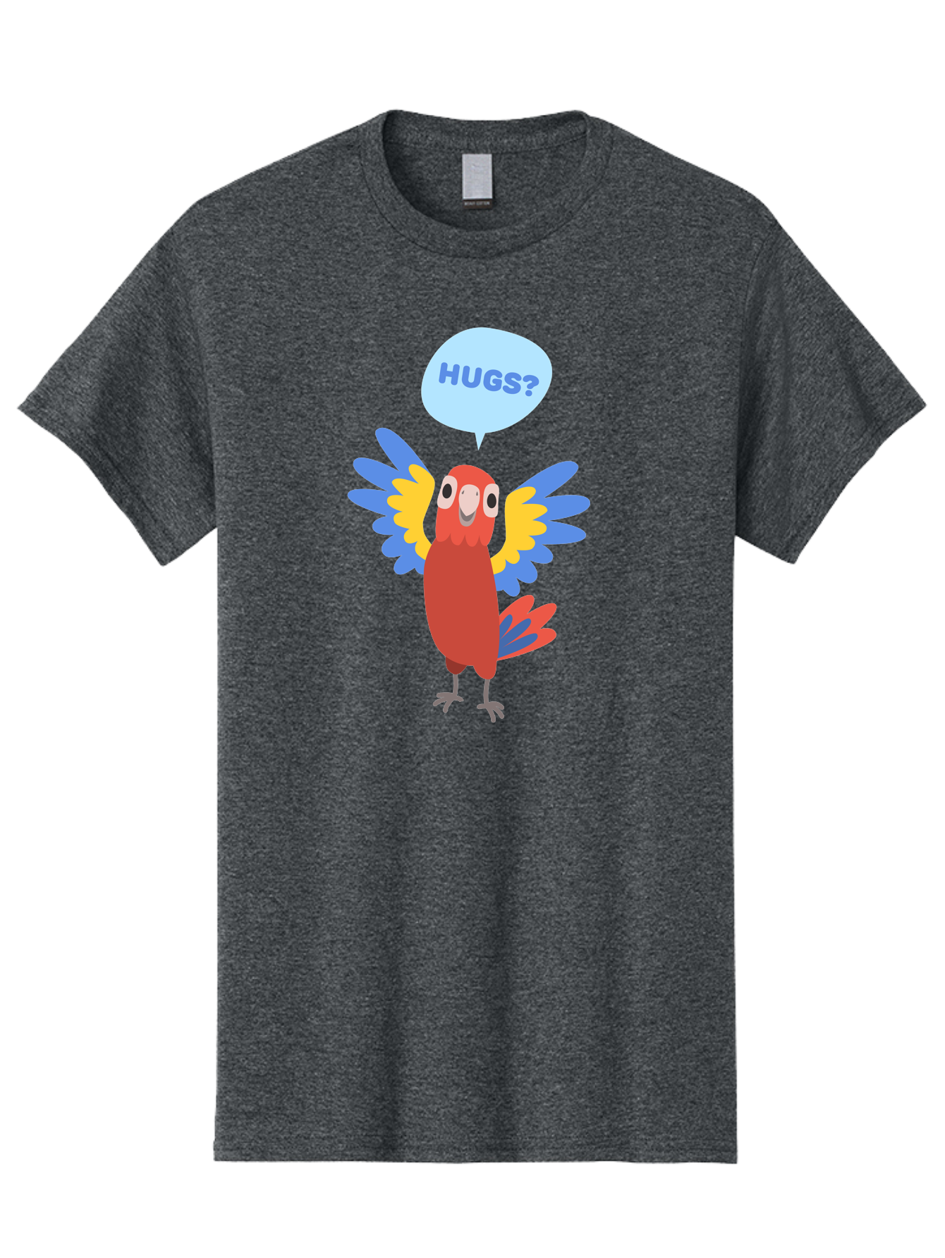 Hugs Men'S Graphic Tee, 100% Cotton, Comfortable Casual Summer Wear, Machine Washable, Cartoon Parrot, Colorful Bird, Hugs, Cute Animal, Funny Illustration, Red Parrot, Blue And Yellow Wings, Friendly Creature, Emotional Support, Aab833
