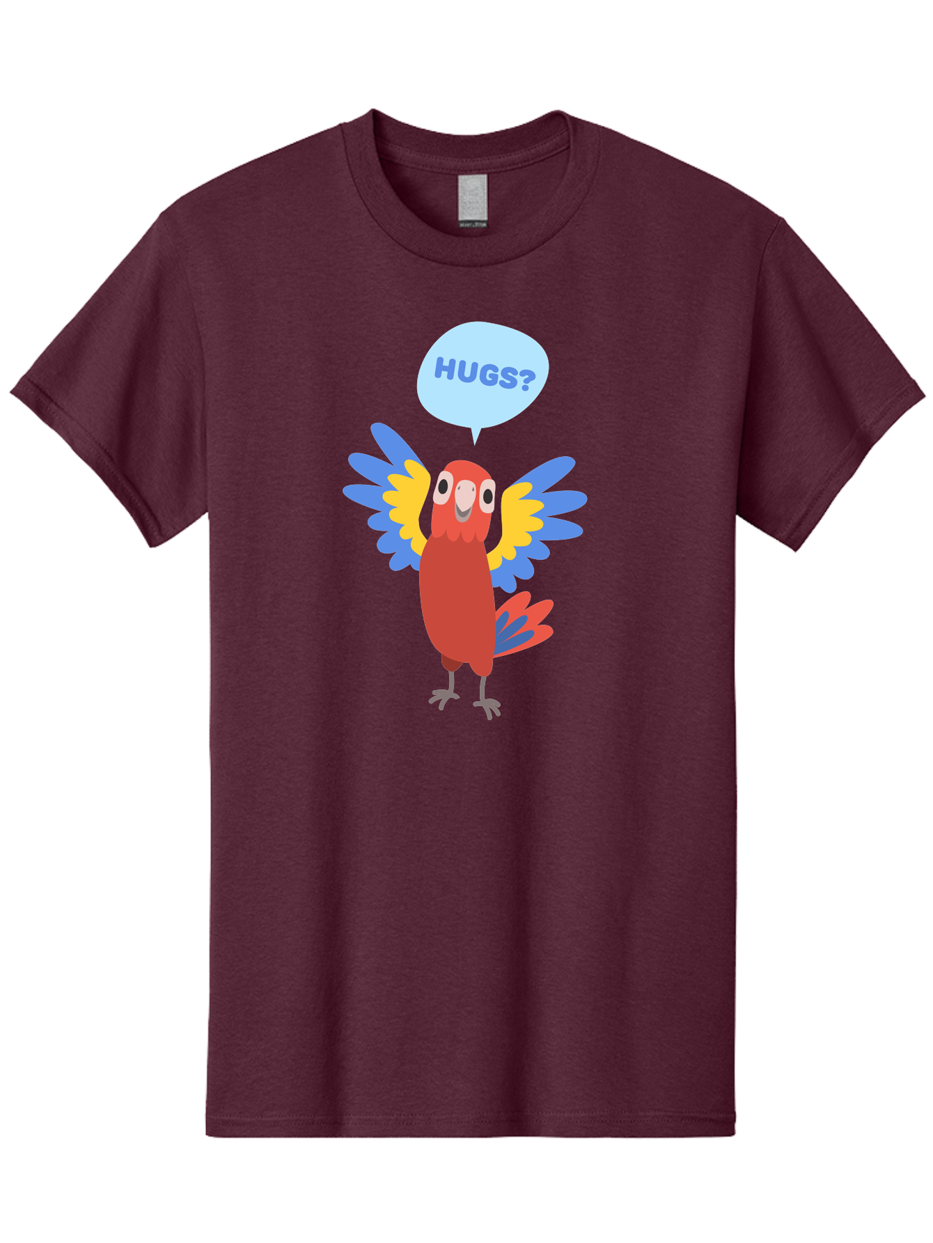 Hugs Men'S Graphic Tee, 100% Cotton, Comfortable Casual Summer Wear, Machine Washable, Cartoon Parrot, Colorful Bird, Hugs, Cute Animal, Funny Illustration, Red Parrot, Blue And Yellow Wings, Friendly Creature, Emotional Support, Aab833