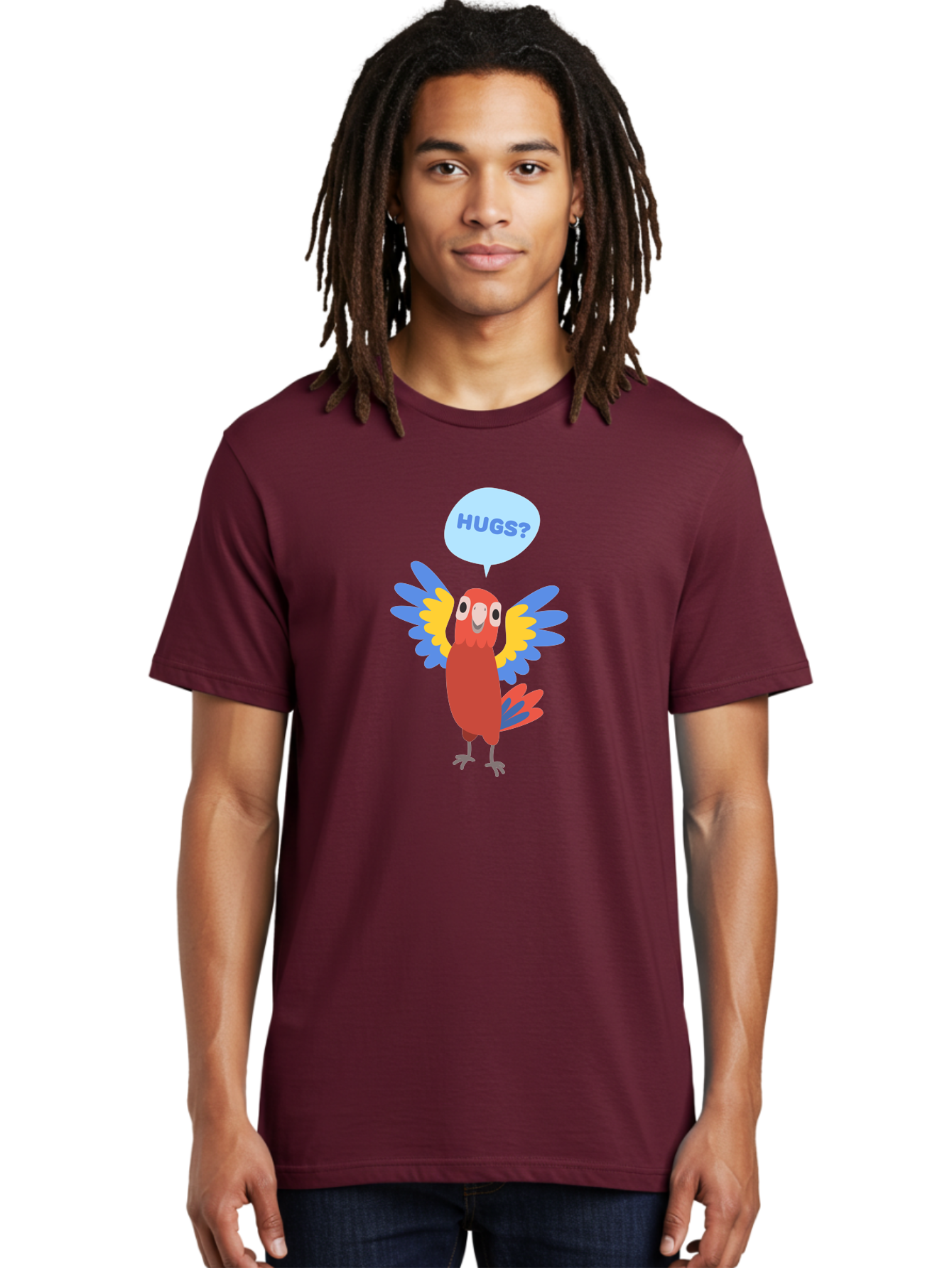 Hugs Men'S Graphic Tee, 100% Cotton, Comfortable Casual Summer Wear, Machine Washable, Cartoon Parrot, Colorful Bird, Hugs, Cute Animal, Funny Illustration, Red Parrot, Blue And Yellow Wings, Friendly Creature, Emotional Support, Aab833