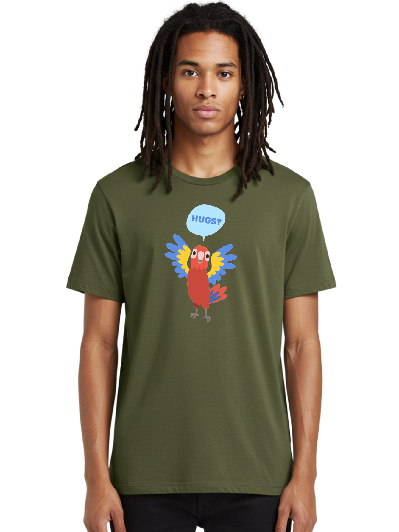 Hugs Men'S Graphic Tee, 100% Cotton, Comfortable Casual Summer Wear, Machine Washable, Cartoon Parrot, Colorful Bird, Hugs, Cute Animal, Funny Illustration, Red Parrot, Blue And Yellow Wings, Friendly Creature, Emotional Support, Aab833