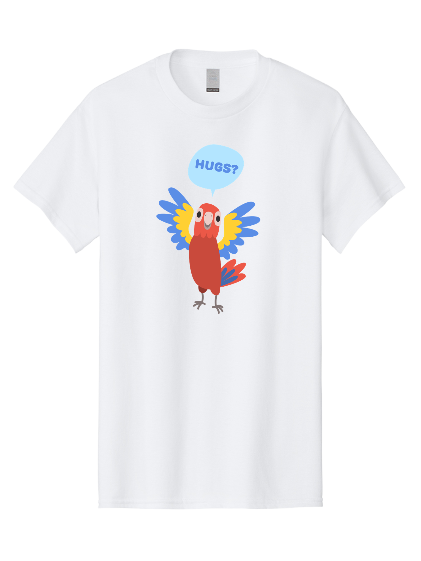 Hugs Men'S Graphic Tee, 100% Cotton, Comfortable Casual Summer Wear, Machine Washable, Cartoon Parrot, Colorful Bird, Hugs, Cute Animal, Funny Illustration, Red Parrot, Blue And Yellow Wings, Friendly Creature, Emotional Support, Aab833