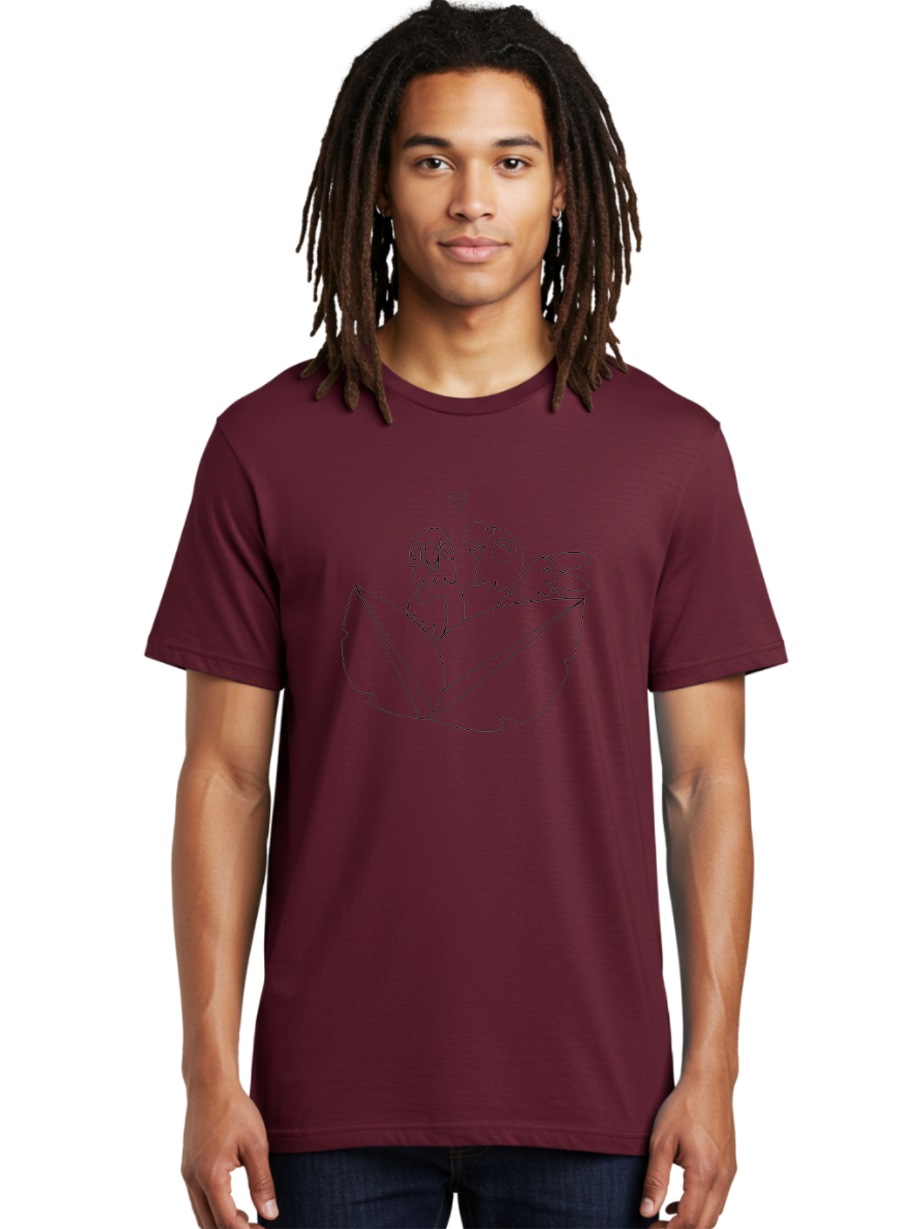 Love-Birds-1 Men'S Graphic Tee, 100% Cotton, Comfortable Casual Summer Wear, Machine Washable, Two Birds Perched On Leaves, Love Heart Symbol, Adorable Cartoon Birds, Sweet Couple, Tender Moment, Lovable Animals, Coloring Page Art Aab834