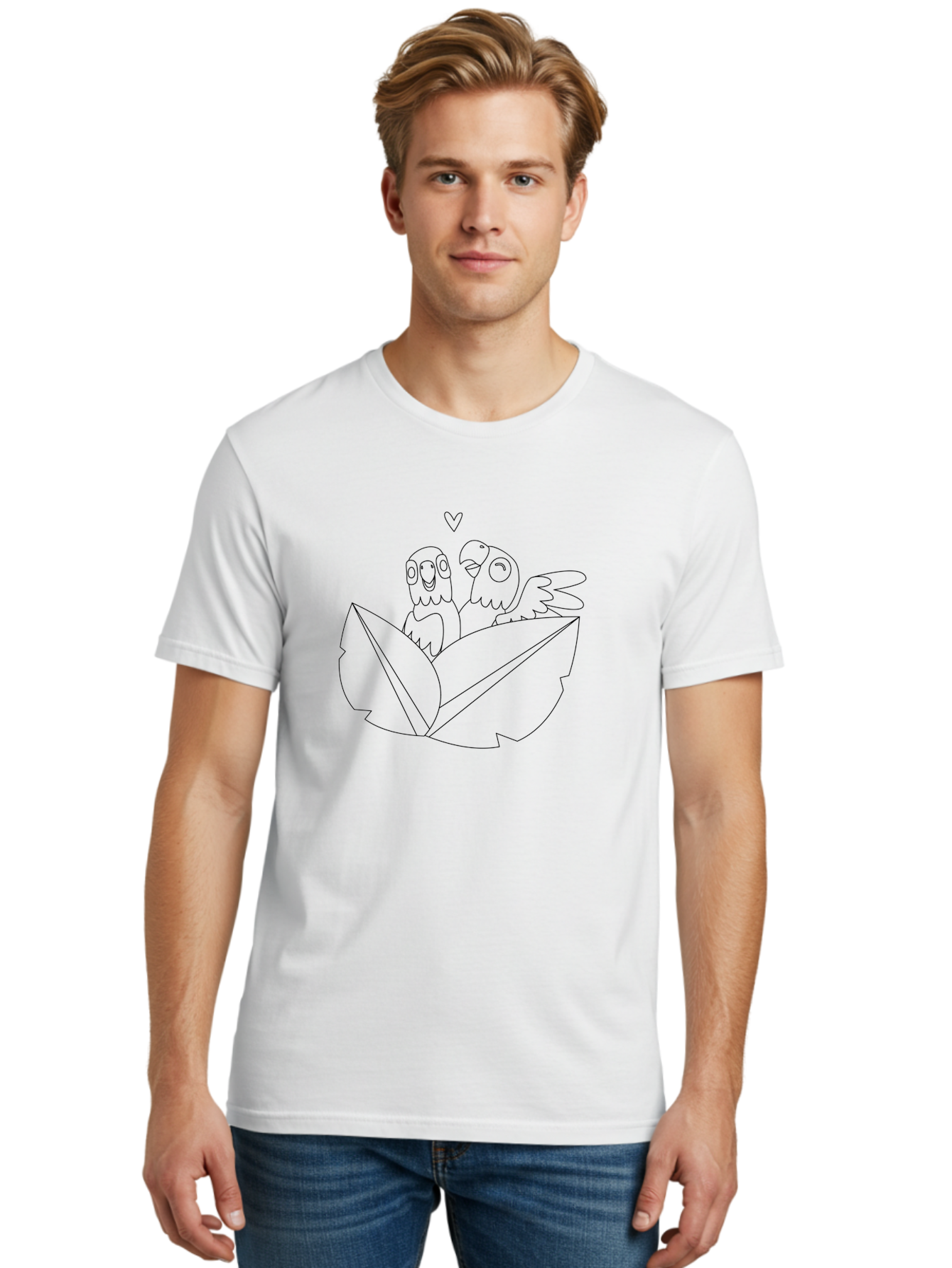 Love-Birds-1 Men'S Graphic Tee, 100% Cotton, Comfortable Casual Summer Wear, Machine Washable, Two Birds Perched On Leaves, Love Heart Symbol, Adorable Cartoon Birds, Sweet Couple, Tender Moment, Lovable Animals, Coloring Page Art Aab834
