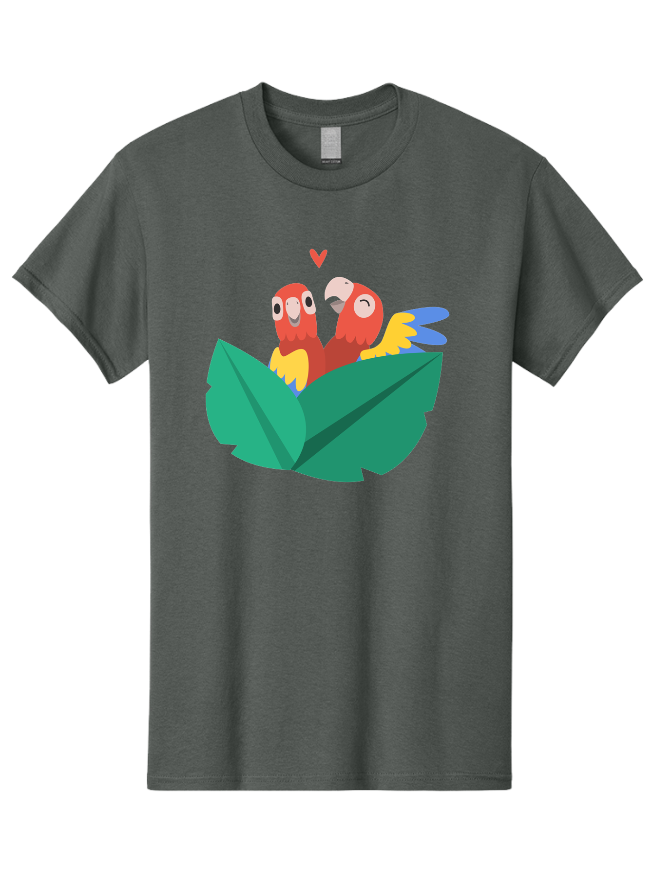 Love-Birds Men'S Graphic Tee, 100% Cotton, Comfortable Casual Summer Wear, Machine Washable, Cartoon Parrots, Red Parrots, Bird Couple, Love Birds, Tropical Birds, Colorful Feathers, Green Leaves, Red Heart, Yellow Beaks, Blue Wings Aab835