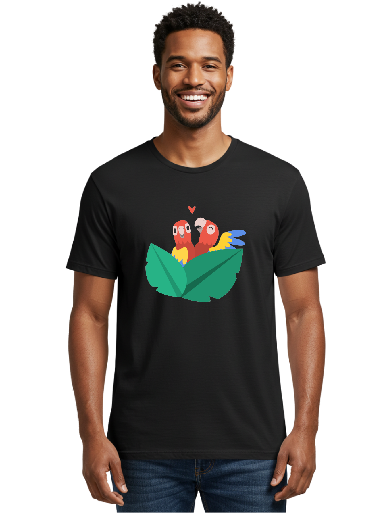 Lovebirds-Parrots Men'S Graphic Tee, 100% Cotton, Comfortable Casual Summer Wear, Machine Washable, Two Parrots, Red Parrots, Yellow And Blue Wings, Love Birds, Cartoon Parrots, Parrot Couple, Parrot Love, Bird Lovers Aab837