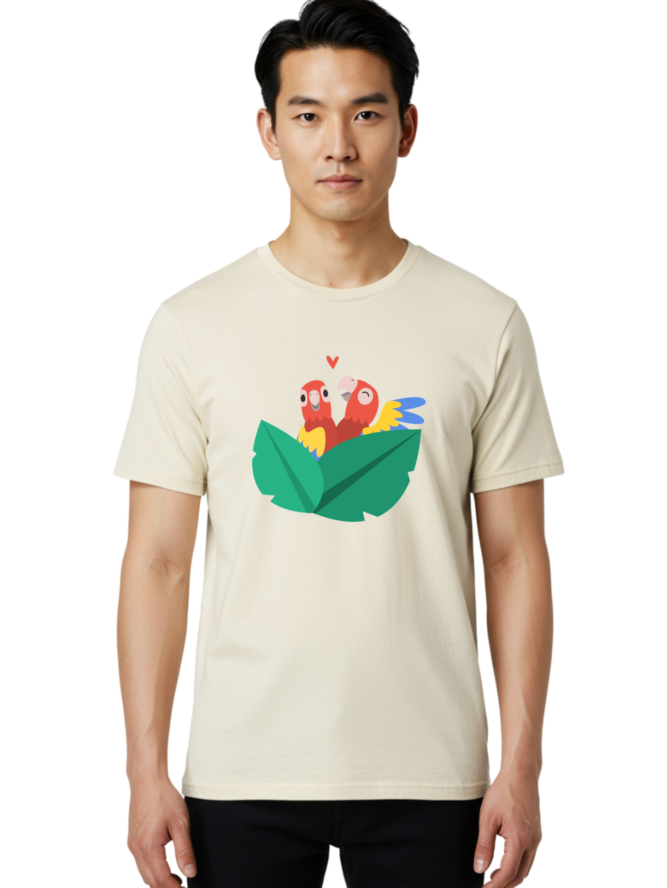 Lovebirds-Parrots Men'S Graphic Tee, 100% Cotton, Comfortable Casual Summer Wear, Machine Washable, Two Parrots, Red Parrots, Yellow And Blue Wings, Love Birds, Cartoon Parrots, Parrot Couple, Parrot Love, Bird Lovers Aab837