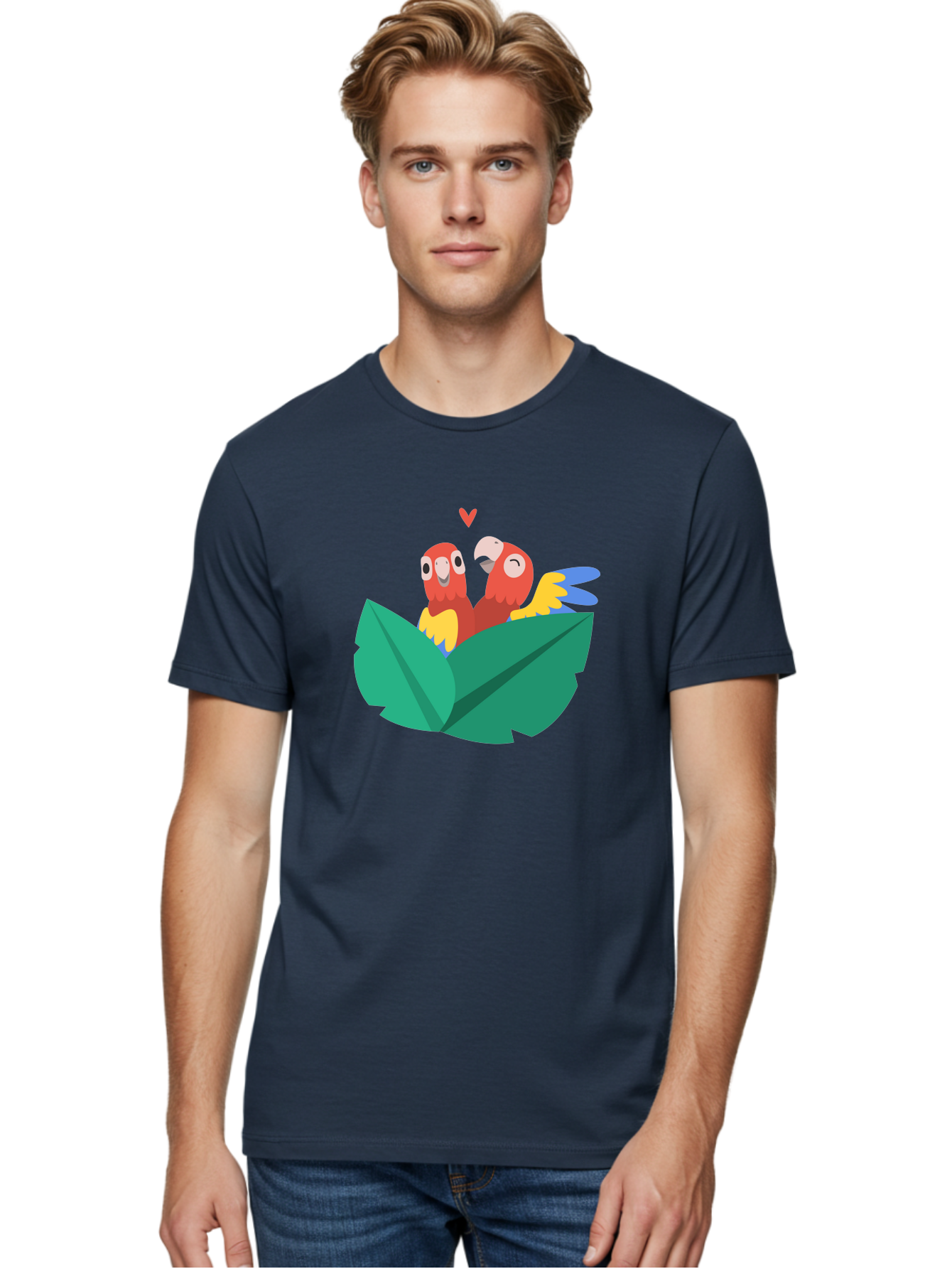 Lovebirds-Parrots Men'S Graphic Tee, 100% Cotton, Comfortable Casual Summer Wear, Machine Washable, Two Parrots, Red Parrots, Yellow And Blue Wings, Love Birds, Cartoon Parrots, Parrot Couple, Parrot Love, Bird Lovers Aab837