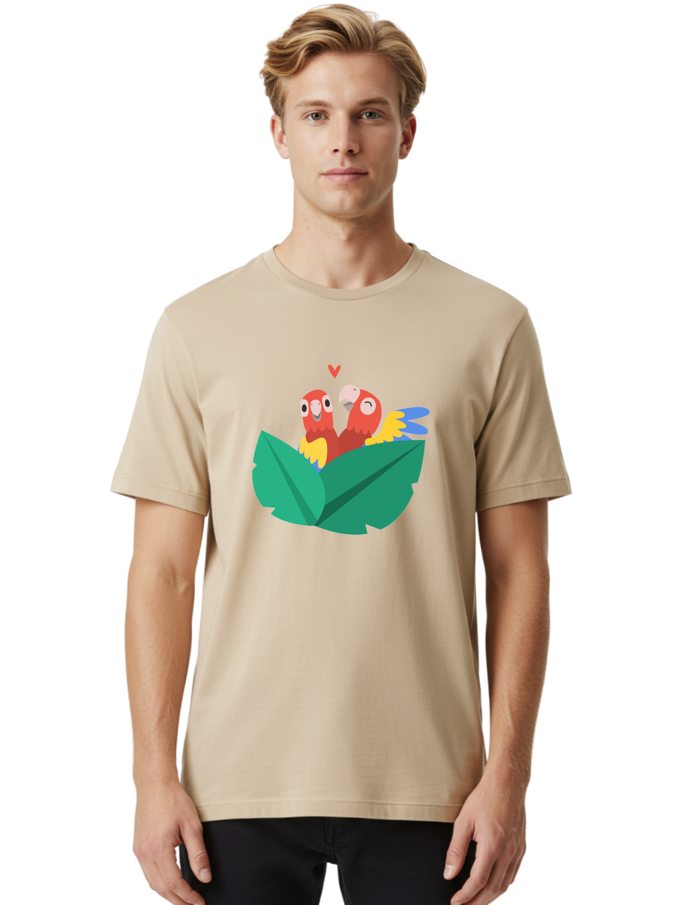 Lovebirds-Parrots Men'S Graphic Tee, 100% Cotton, Comfortable Casual Summer Wear, Machine Washable, Two Parrots, Red Parrots, Yellow And Blue Wings, Love Birds, Cartoon Parrots, Parrot Couple, Parrot Love, Bird Lovers Aab837