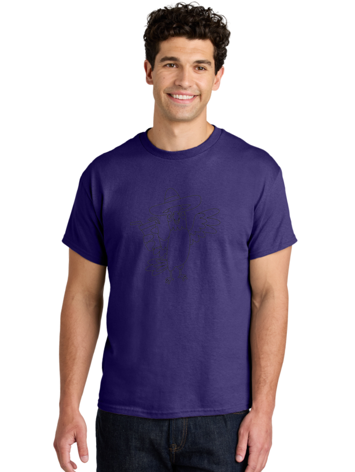 Owl-Drinking Men'S Graphic Tee, 100% Cotton, Comfortable Casual Summer Wear, Machine Washable, Funny Crow, Crow Illustration, Cartoonish Style, Character Design, Quirky Art, Bird With Hat, Drink In Hand, Whimsical, Stylized Art Aab843
