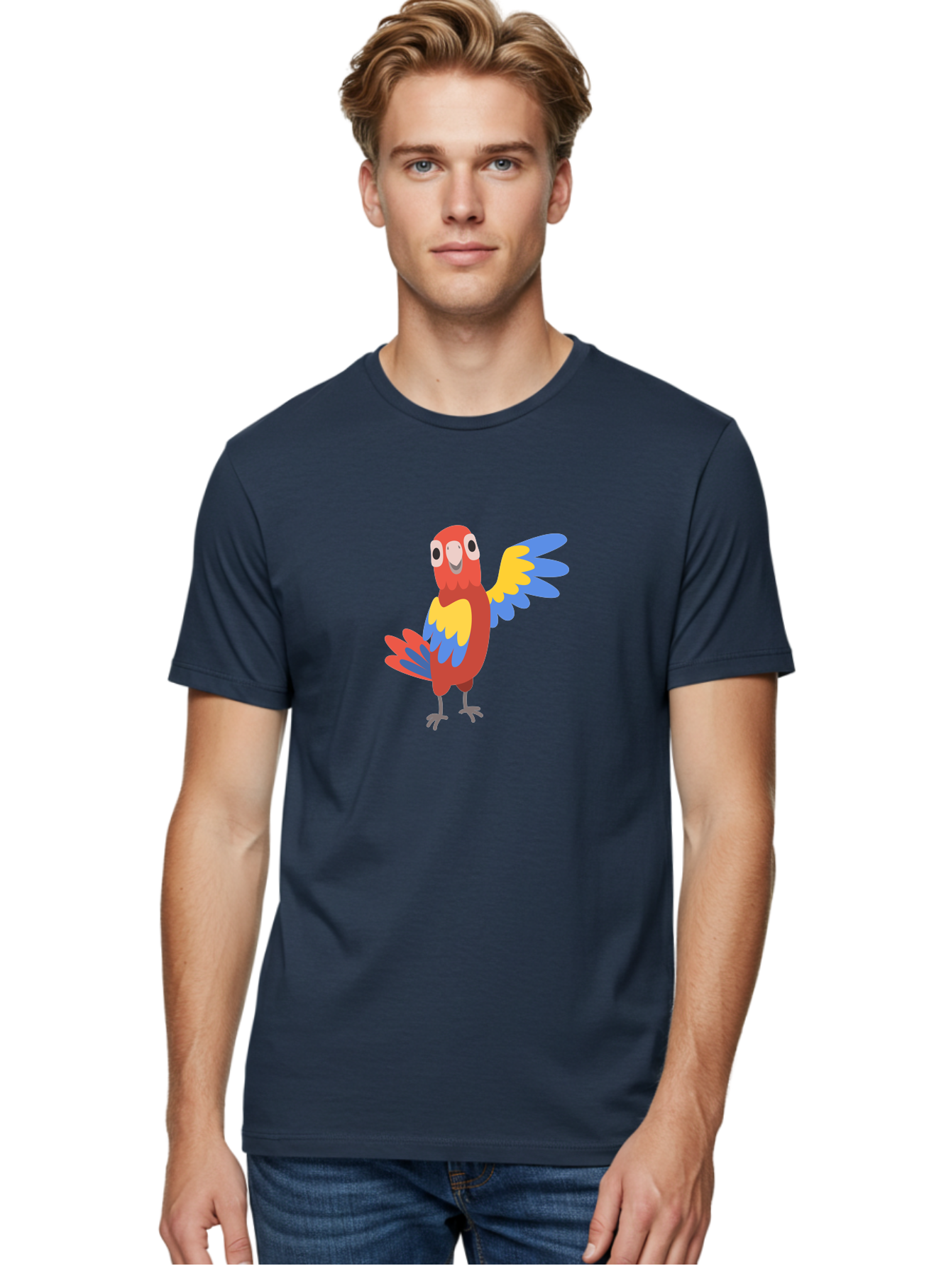 Parrot-1 Men'S Graphic Tee, 100% Cotton, Comfortable Casual Summer Wear, Machine Washable, Colorful Parrot, Cartoon Bird, Vibrant Red, Yellow, Blue Hues, Playful Wings, Happy Expression, Animated Character, Whimsical Design, Quirky Style Aab847