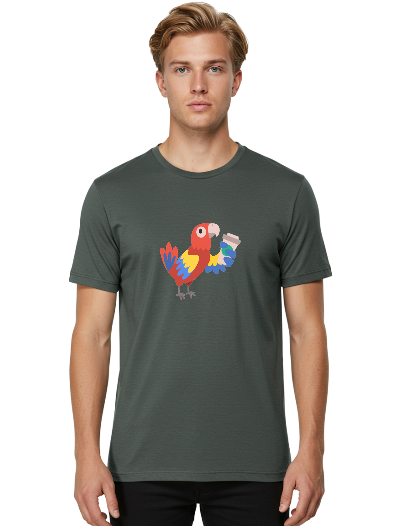 Parrot-2 Men'S Graphic Tee, 100% Cotton, Comfortable Casual Summer Wear, Machine Washable, Colorful Parrot, Cartoon Bird, Coffee Cup, Vibrant Feathers, Playful Illustration, Tropical Bird, Coffee Love, Exotic Pet Aab850
