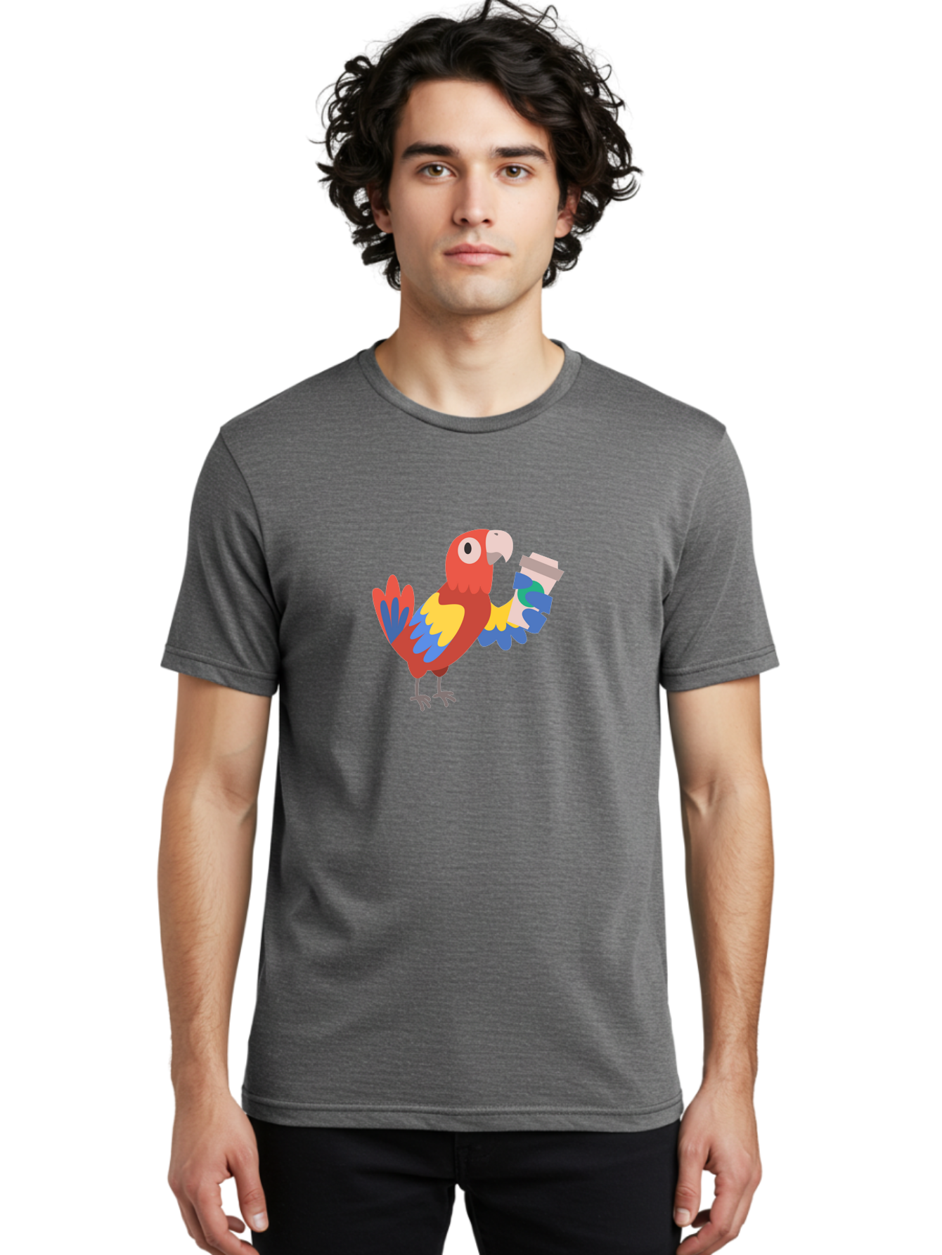 Parrot-2 Men'S Graphic Tee, 100% Cotton, Comfortable Casual Summer Wear, Machine Washable, Colorful Parrot, Cartoon Bird, Coffee Cup, Vibrant Feathers, Playful Illustration, Tropical Bird, Coffee Love, Exotic Pet Aab850
