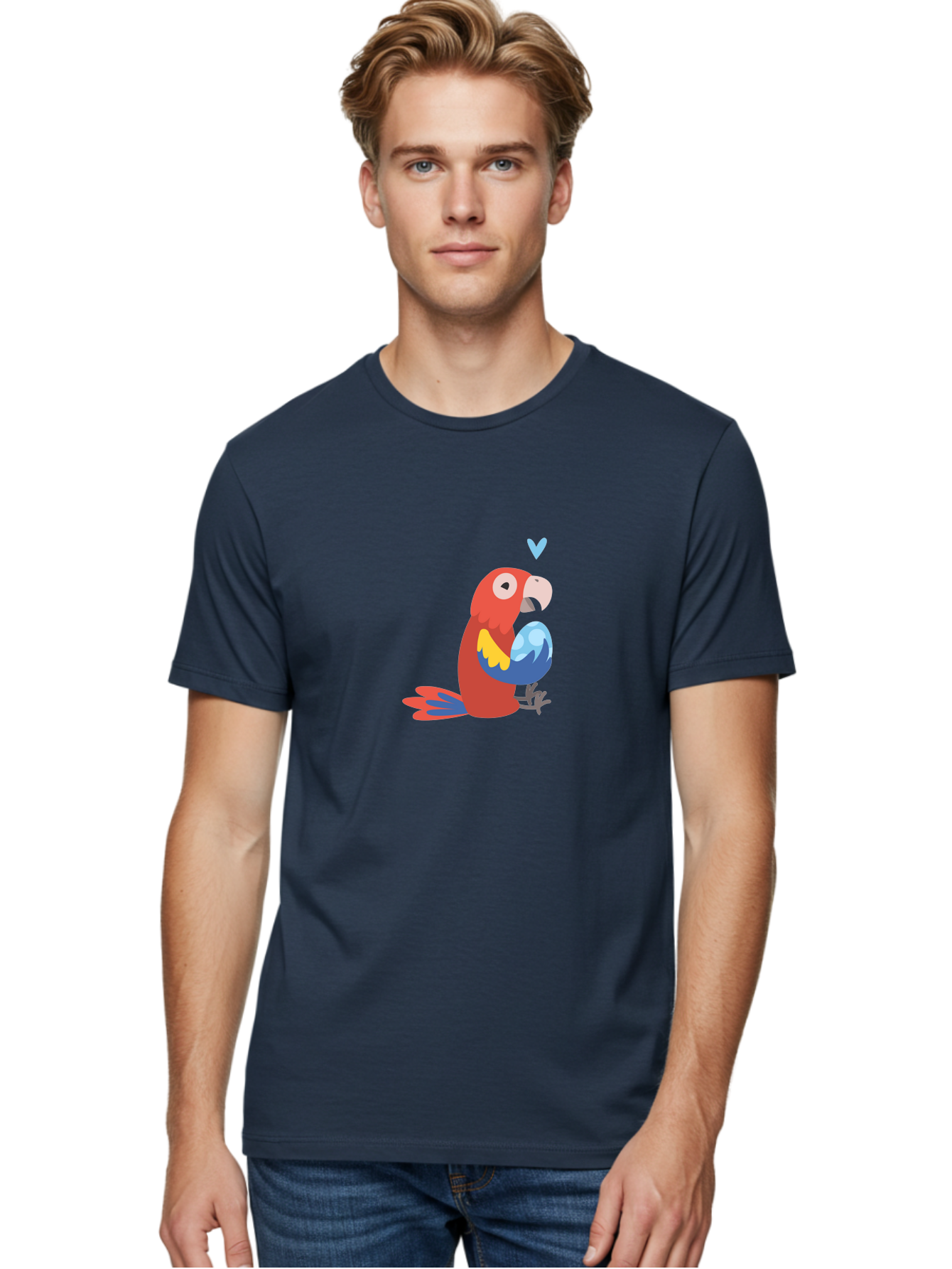 Parrot-3 Men'S Graphic Tee, 100% Cotton, Comfortable Casual Summer Wear, Machine Washable, Colorful Parrot, Red Bird, Blue Wings, Yellow Feathers, Cartoon Character, Heart Above Head, Vibrant Colors, Cute Animal, Tropical Bird, Parrot Love Aab851