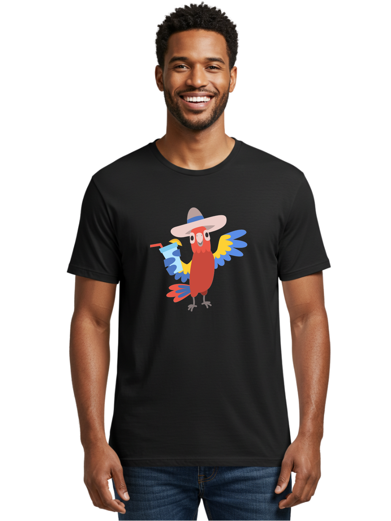 Parrot-Hat-Drink Men'S Graphic Tee, 100% Cotton, Comfortable Casual Summer Wear, Machine Washable, Colorful Parrot, Cartoon Parrot, Tropical Bird, Blue And Yellow Wings, Red Body, Large Hat, Striped Band, Cold Drink, Straw, Funny Character, Aab860