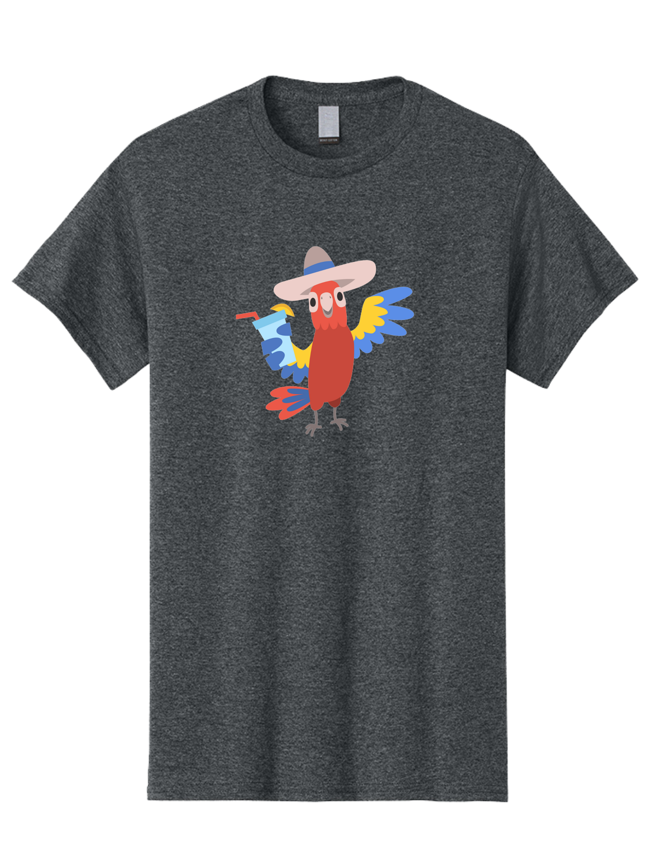 Parrot-Hat-Drink Men'S Graphic Tee, 100% Cotton, Comfortable Casual Summer Wear, Machine Washable, Colorful Parrot, Cartoon Parrot, Tropical Bird, Blue And Yellow Wings, Red Body, Large Hat, Striped Band, Cold Drink, Straw, Funny Character, Aab860