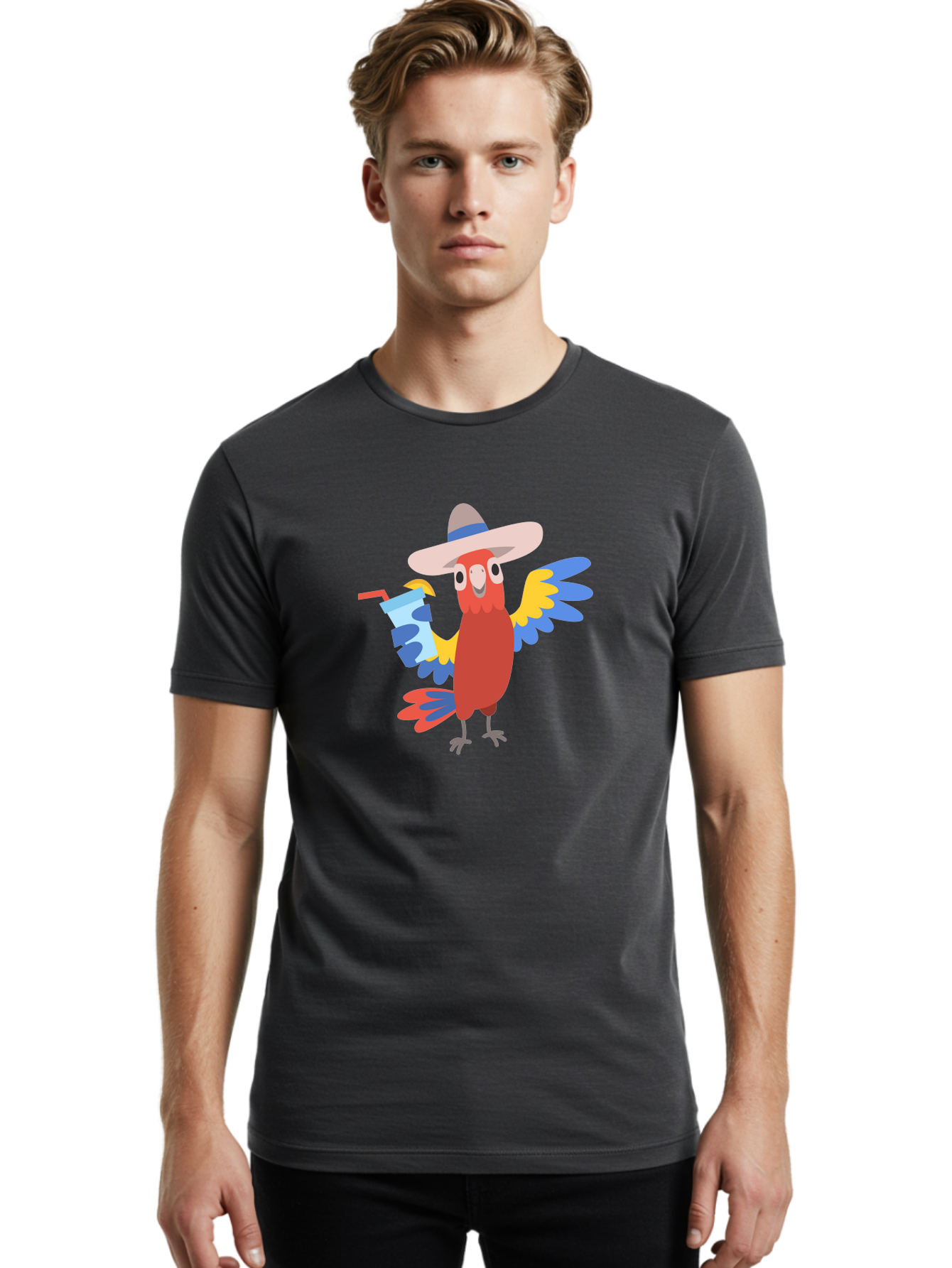 Parrot-Hat-Drink Men'S Graphic Tee, 100% Cotton, Comfortable Casual Summer Wear, Machine Washable, Colorful Parrot, Cartoon Parrot, Tropical Bird, Blue And Yellow Wings, Red Body, Large Hat, Striped Band, Cold Drink, Straw, Funny Character, Aab860