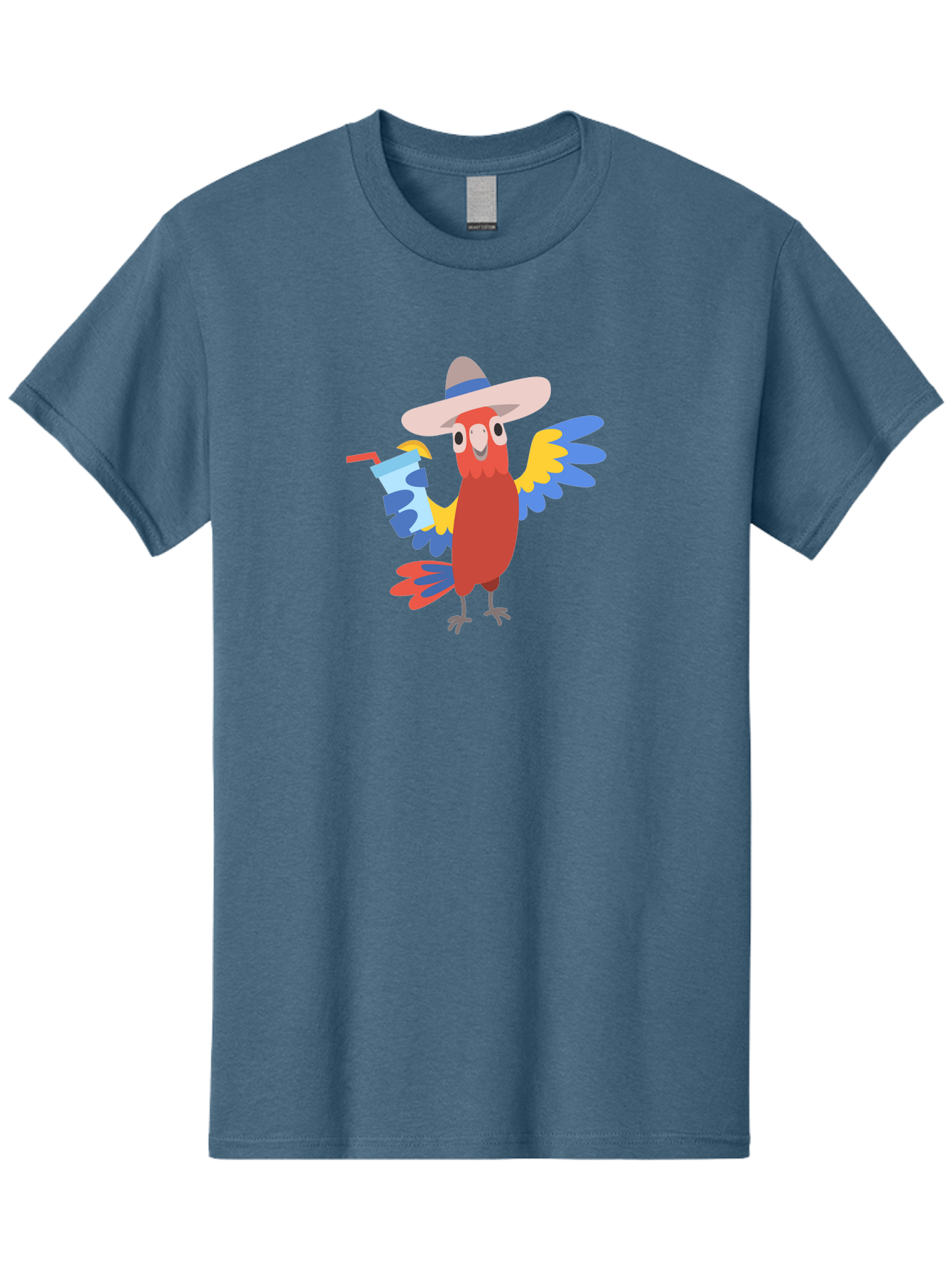 Parrot-Hat-Drink Men'S Graphic Tee, 100% Cotton, Comfortable Casual Summer Wear, Machine Washable, Colorful Parrot, Cartoon Parrot, Tropical Bird, Blue And Yellow Wings, Red Body, Large Hat, Striped Band, Cold Drink, Straw, Funny Character, Aab860