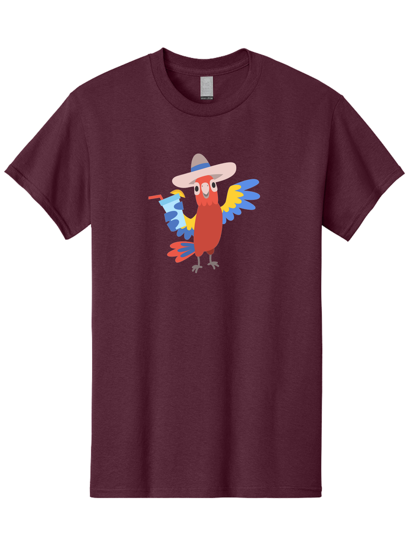 Parrot-Hat-Drink Men'S Graphic Tee, 100% Cotton, Comfortable Casual Summer Wear, Machine Washable, Colorful Parrot, Cartoon Parrot, Tropical Bird, Blue And Yellow Wings, Red Body, Large Hat, Striped Band, Cold Drink, Straw, Funny Character, Aab860