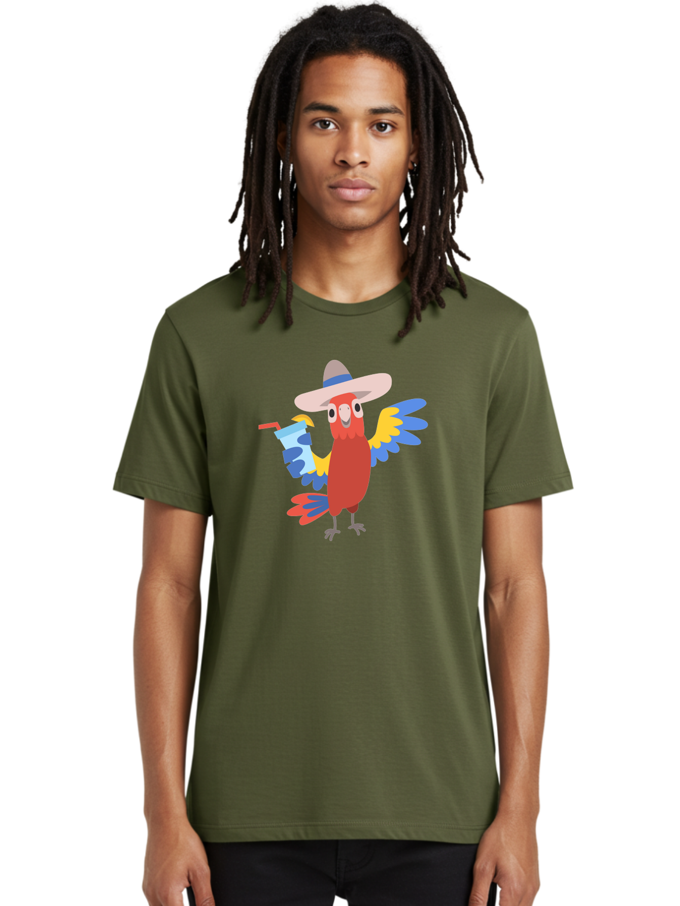 Parrot-Hat-Drink Men'S Graphic Tee, 100% Cotton, Comfortable Casual Summer Wear, Machine Washable, Colorful Parrot, Cartoon Parrot, Tropical Bird, Blue And Yellow Wings, Red Body, Large Hat, Striped Band, Cold Drink, Straw, Funny Character, Aab860
